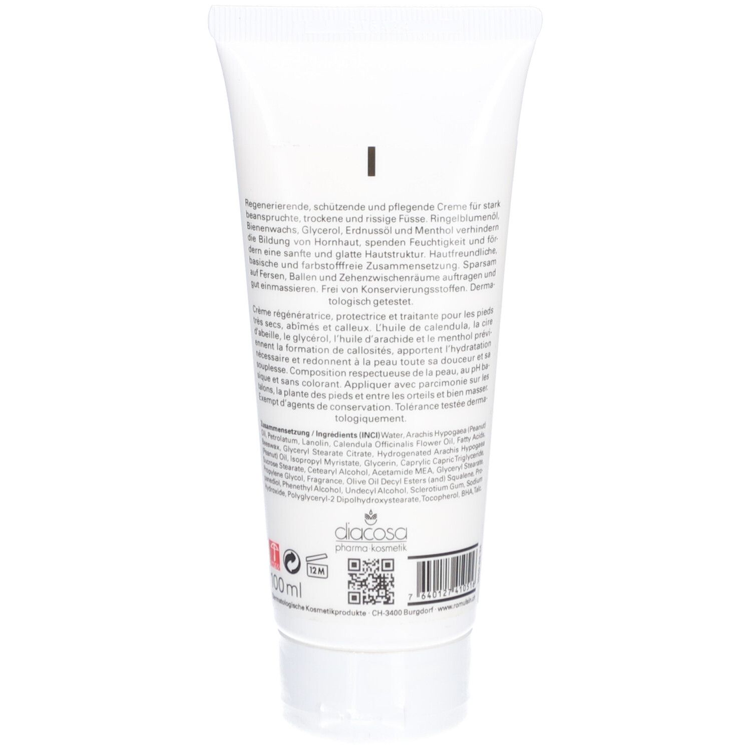 Dos du tube avec texte. Ingrédients, informations fabricant et code QR. Indication 100ml.