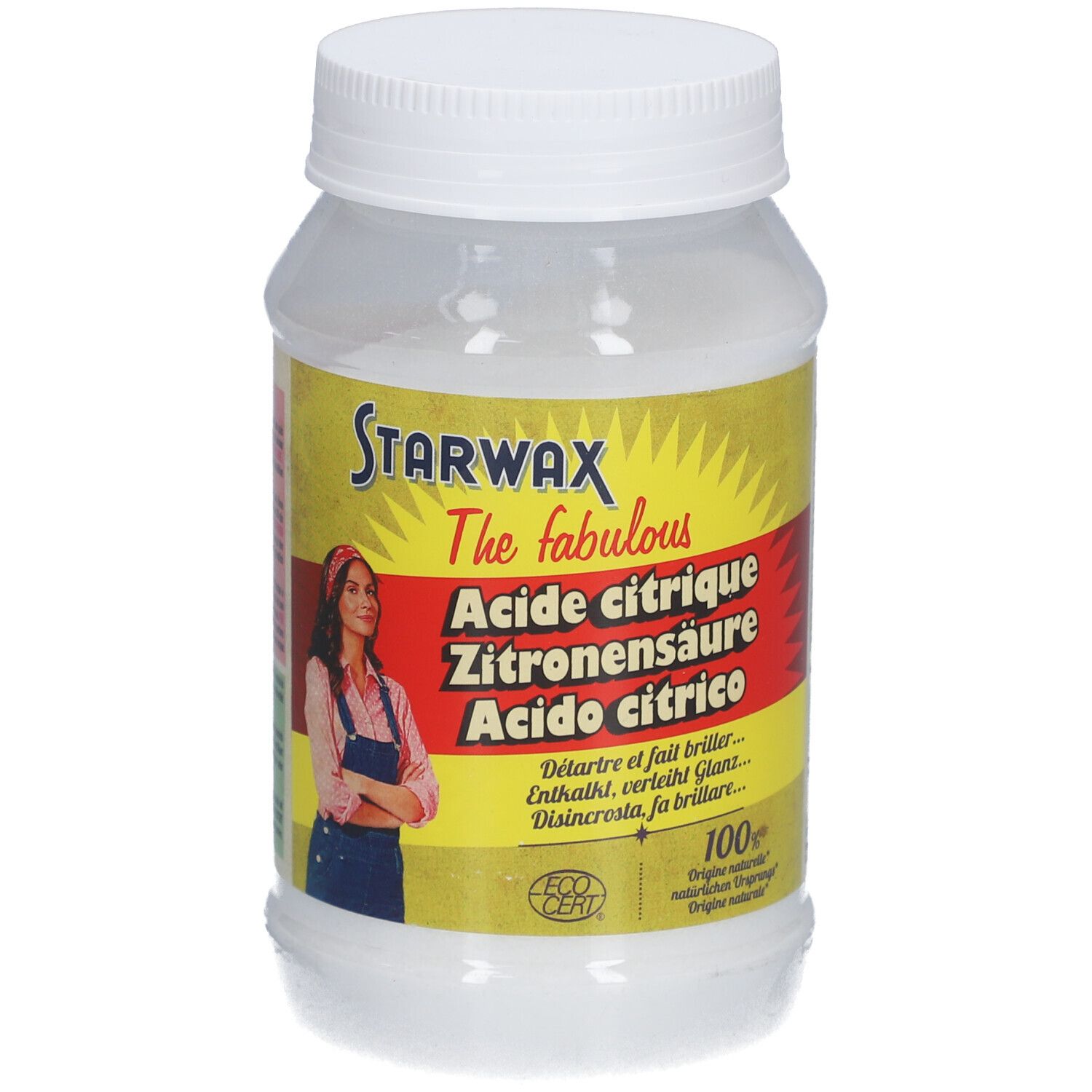 Récipient cylindrique blanc avec bouchon à vis. Étiquette avec logo STARWAX, nom du produit et femme. 100g.