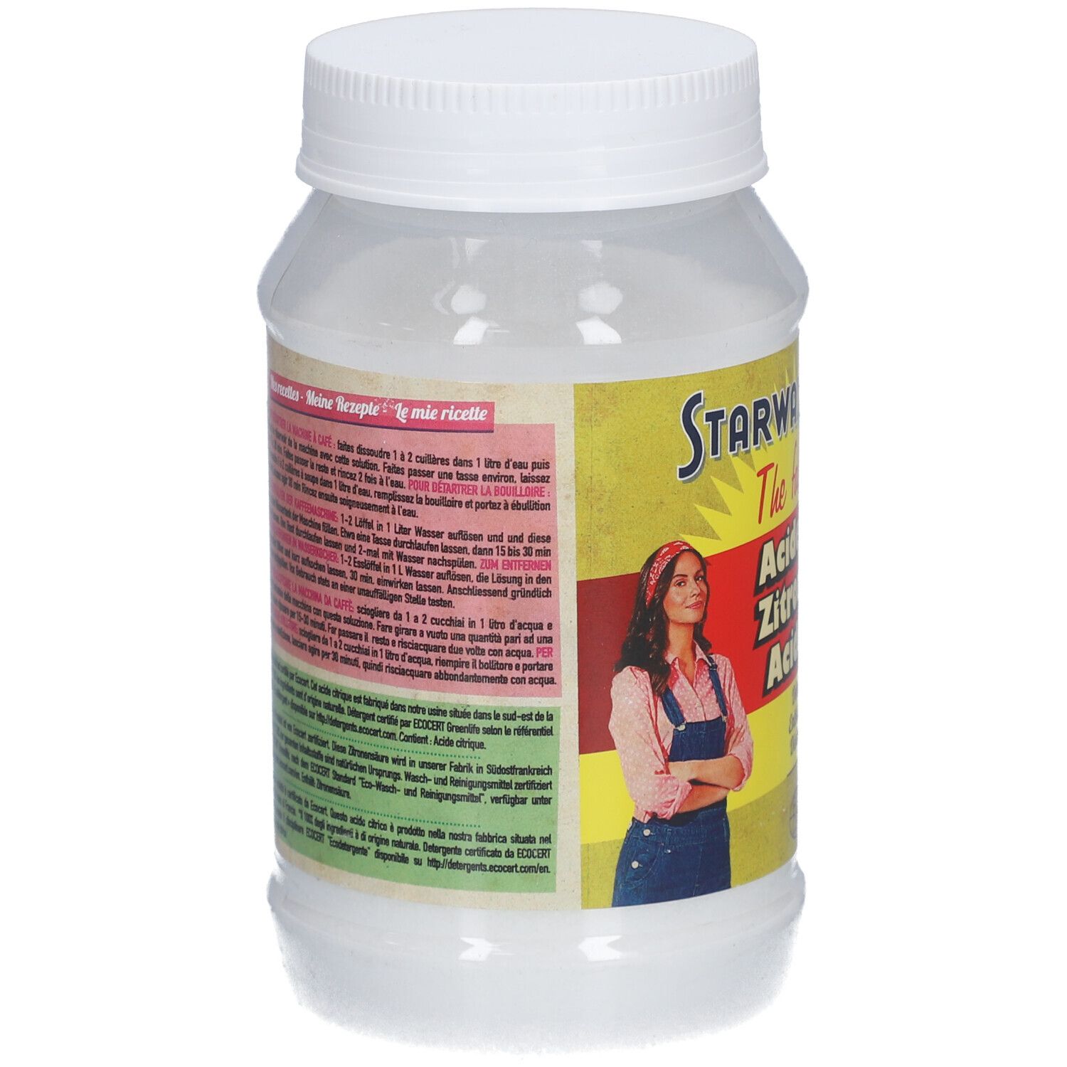 Récipient cylindrique blanc avec bouchon à vis. Étiquette avec informations produit et femme. Vue arrière.