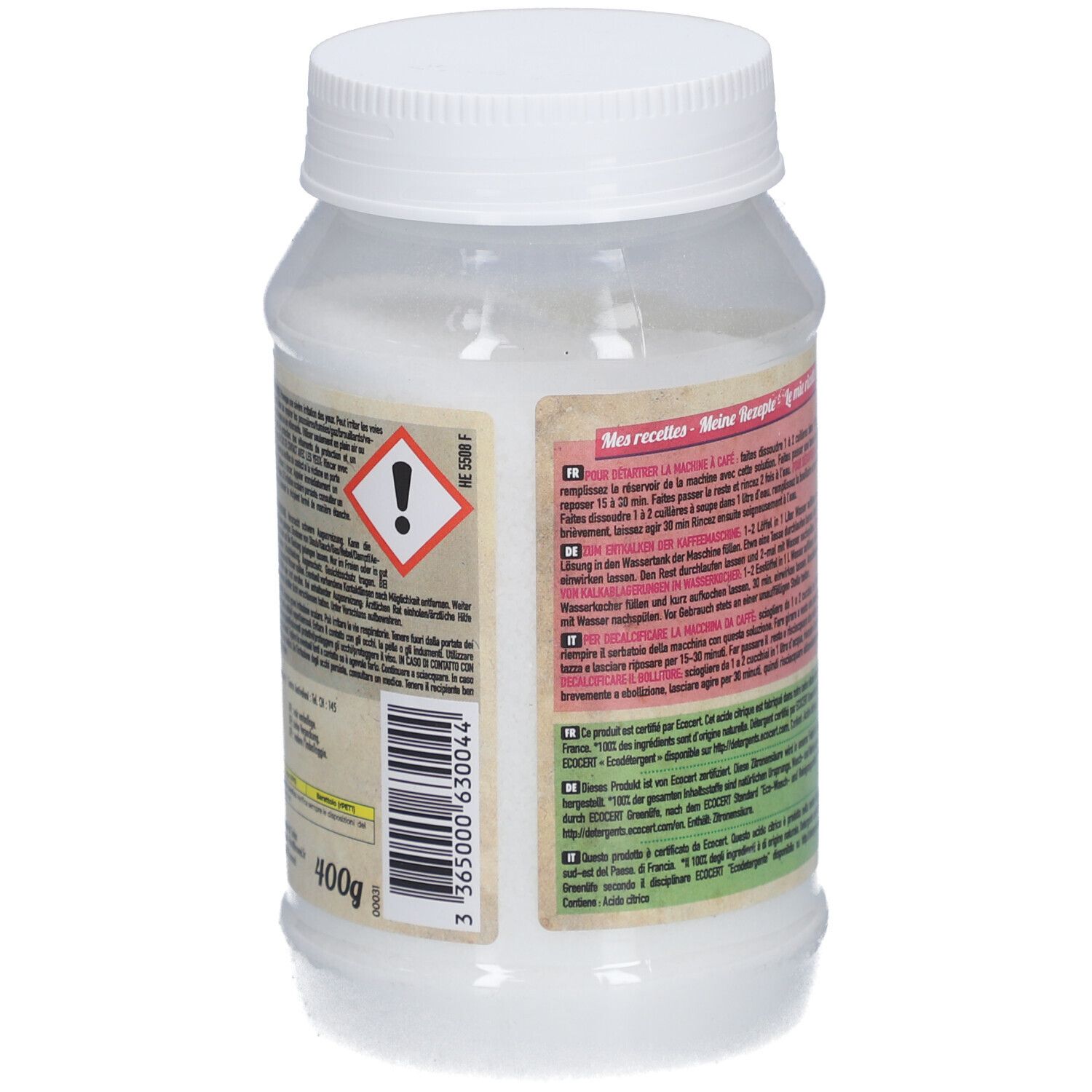 Récipient cylindrique blanc avec bouchon à vis. Étiquette avec informations produit et avertissement. 400g.