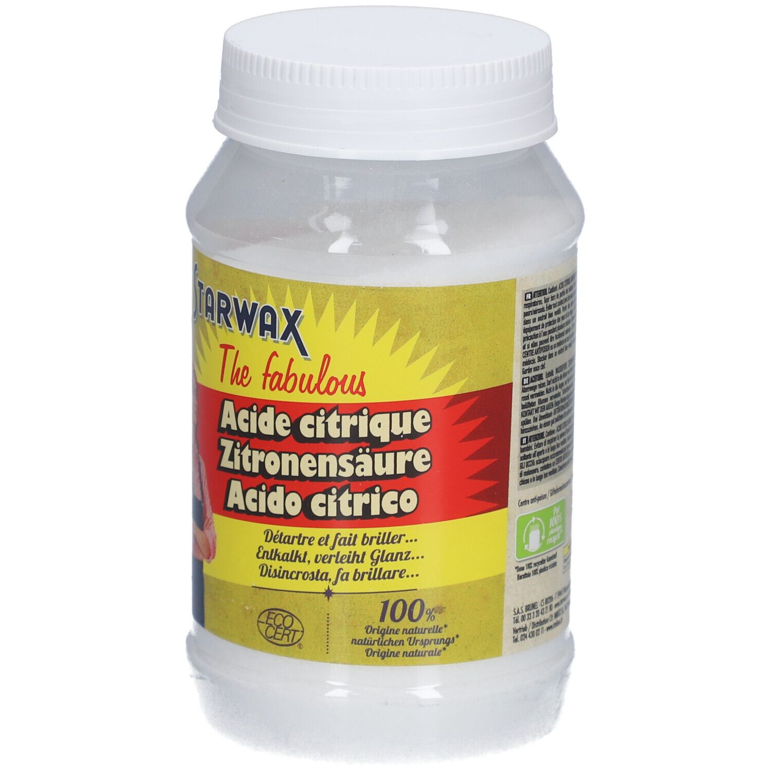 Récipient cylindrique blanc avec bouchon à vis. Étiquette avec logo STARWAX, nom du produit et femme. 100g.