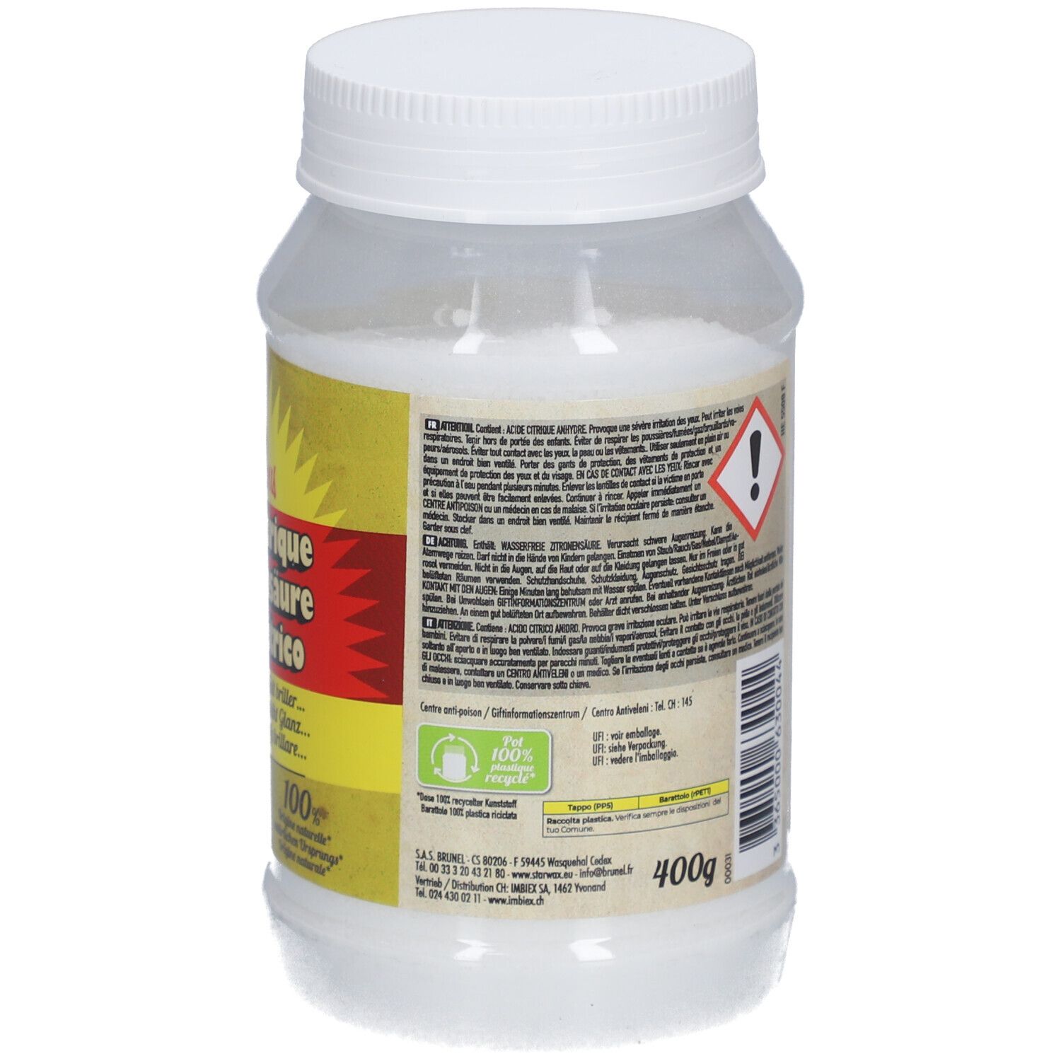 Récipient cylindrique blanc avec bouchon à vis. Étiquette avec informations produit et avertissement. 400g.