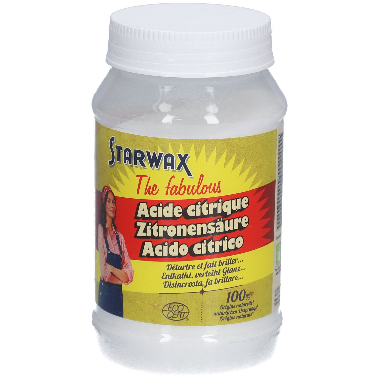 Récipient cylindrique blanc avec bouchon à vis. Étiquette avec logo STARWAX, nom du produit et femme. 100g.