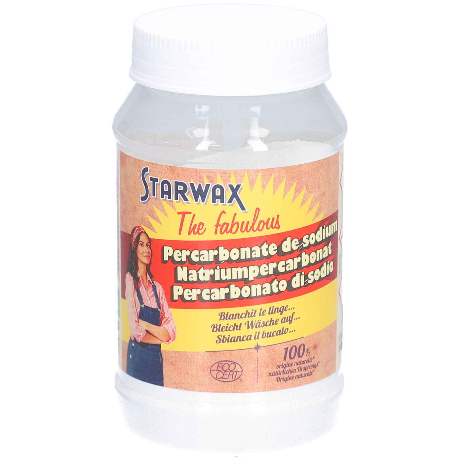 Pot transparent avec couvercle blanc. Étiquette avec nom du produit et femme. Texte multilingue. Symboles d'avertissement.
