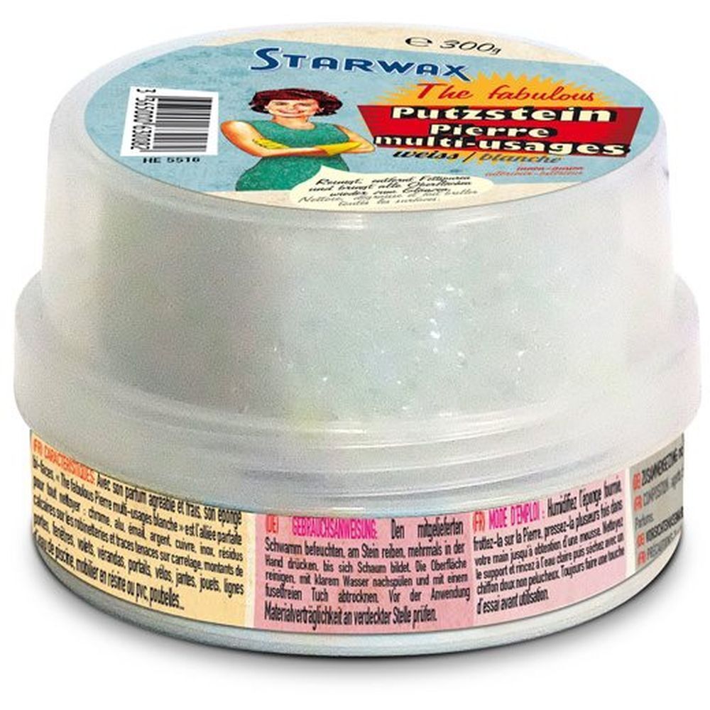 Boîte ronde STARWAX. Inscription: Pierre multi-usages blanche. Couvercle avec image et texte. Contenu visible.