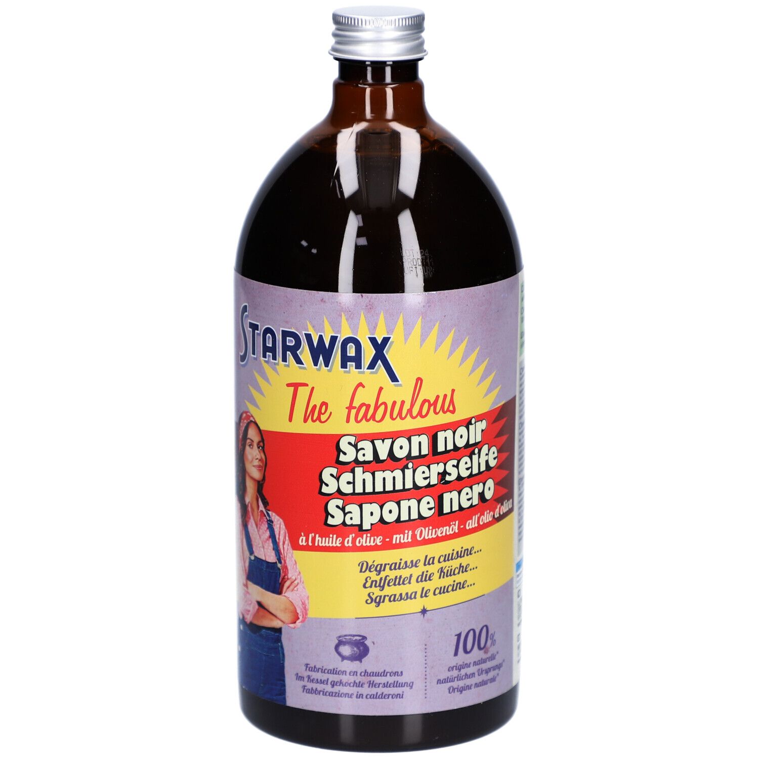 Bouteille marron avec liquide noir. Étiquette STARWAX avec noms en plusieurs langues.