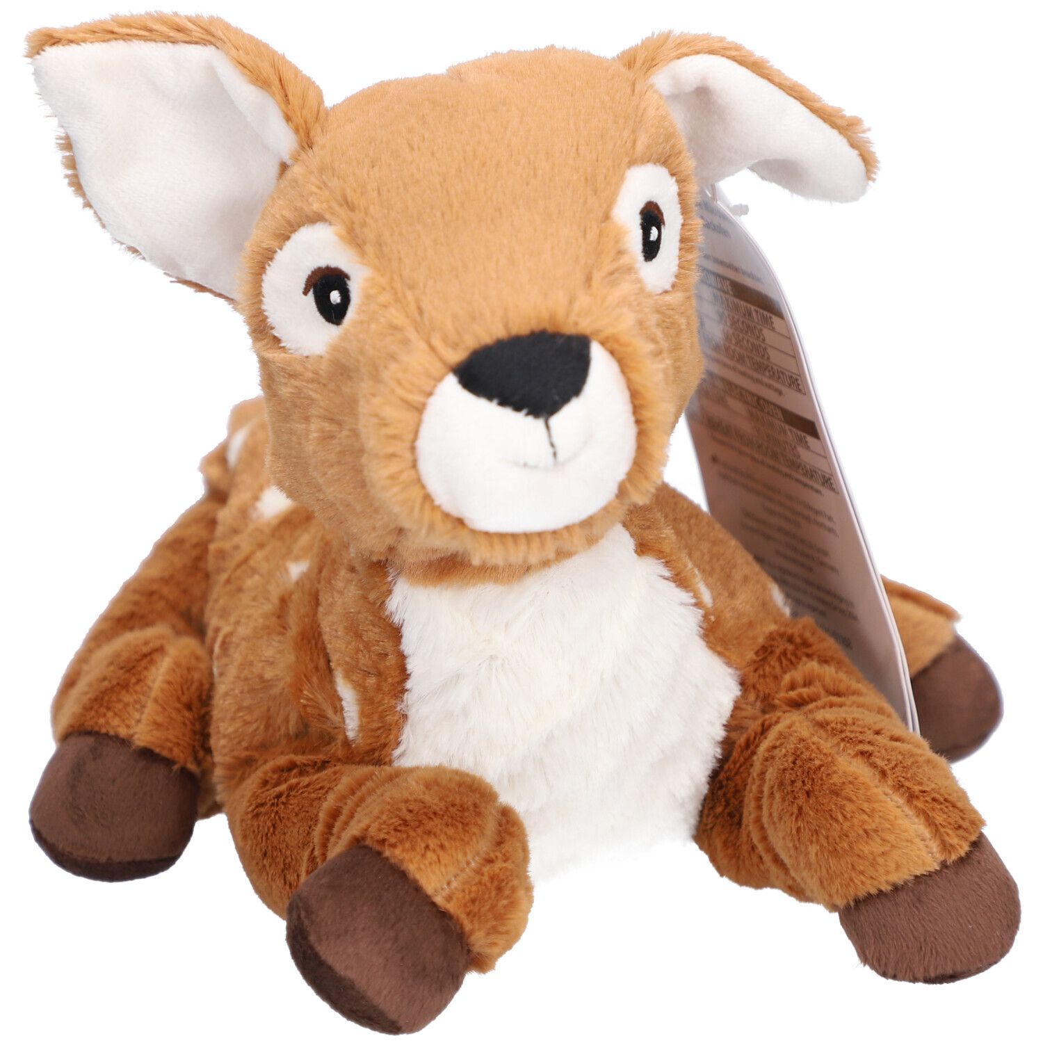 Faon en peluche marron avec des taches blanches. Oreilles, ventre et pieds brun clair. Étiquette attachée.