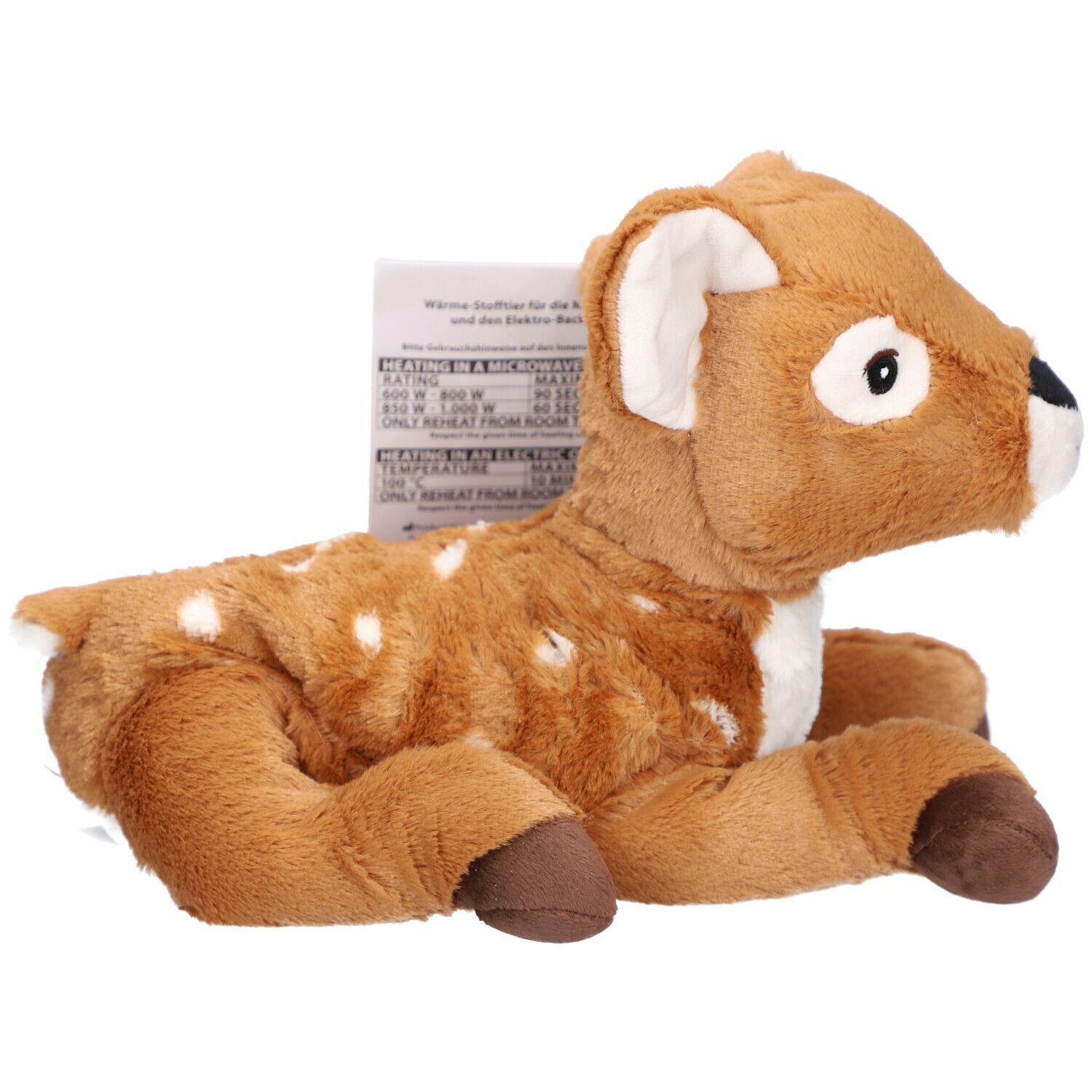 Faon en peluche marron avec des taches blanches, en position couchée. Étiquette avec texte. Oreilles, ventre et pieds brun clair.