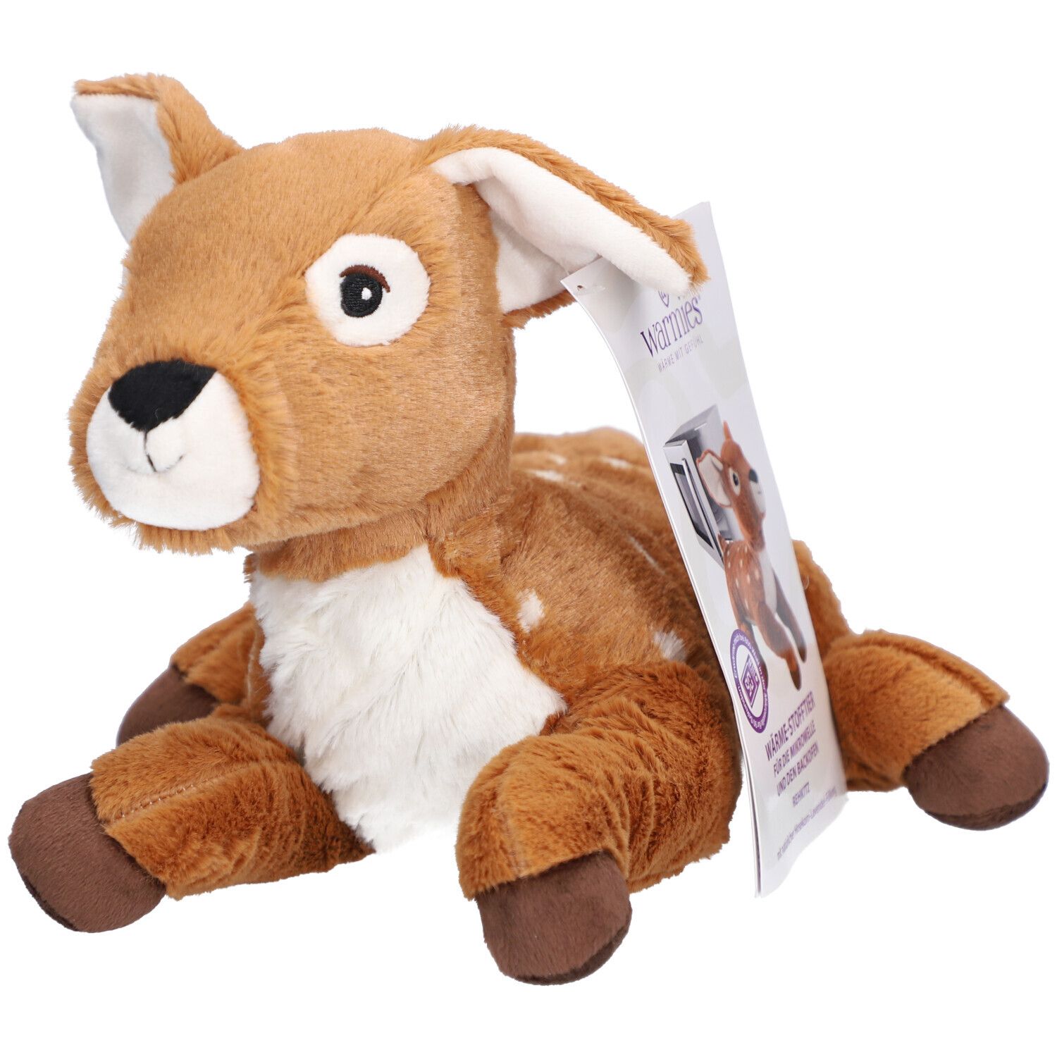 Faon en peluche marron avec des taches blanches. Étiquette avec logo et image du produit. Oreilles, ventre et pieds brun clair.
