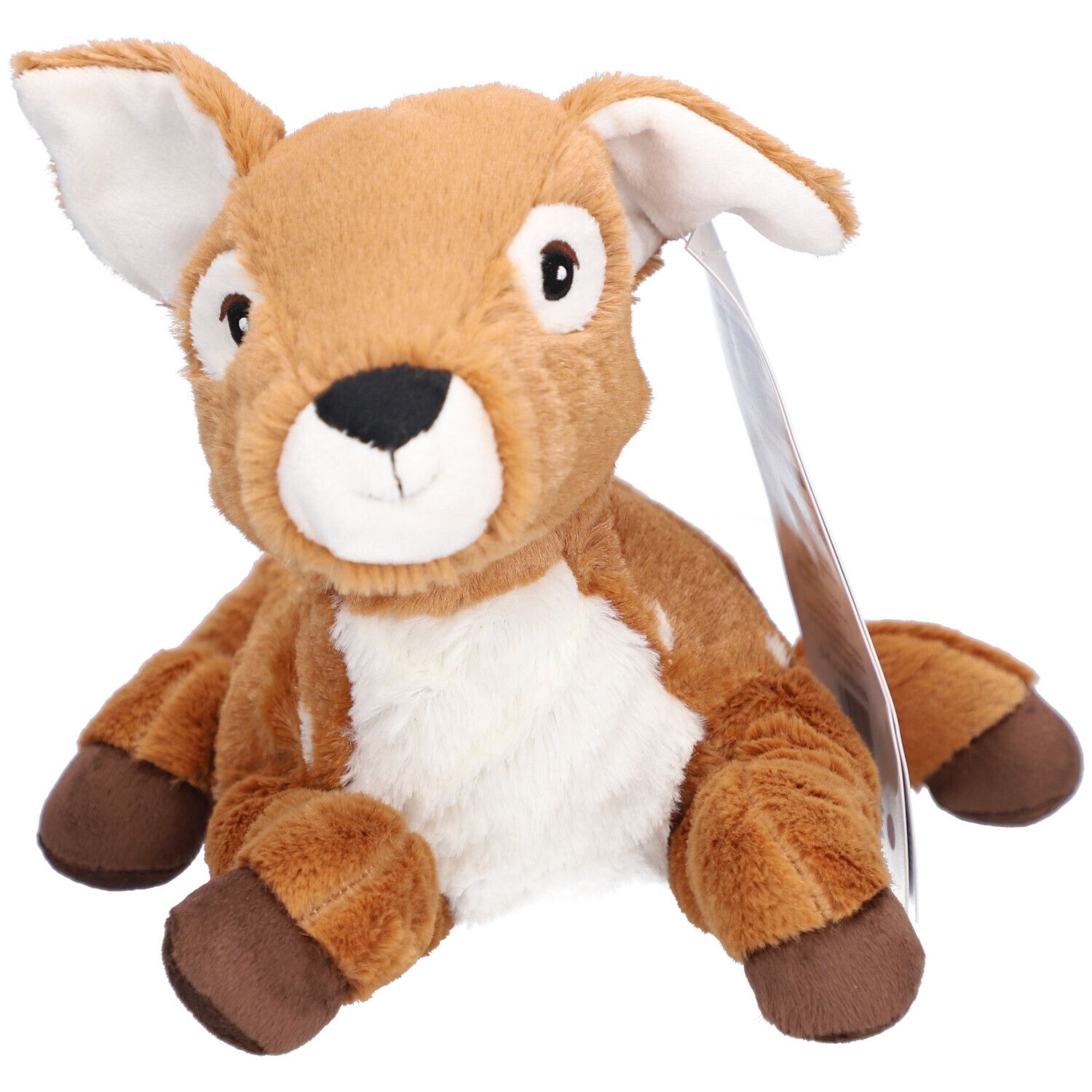 Faon en peluche marron avec des taches blanches. Oreilles, ventre et pieds brun clair. Étiquette attachée.