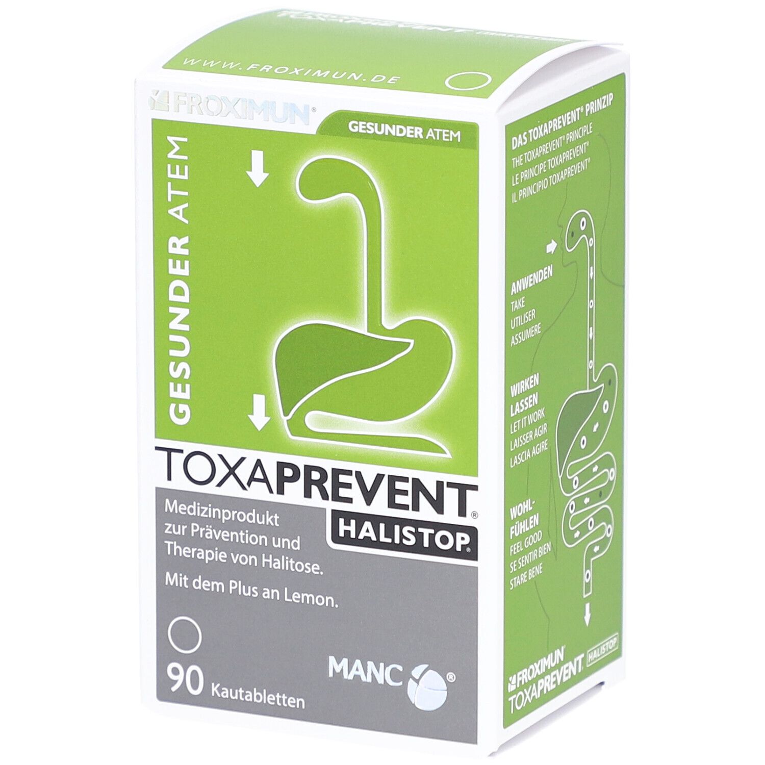 Boîte Froximun Toxaprevent Halistop. Design vert et blanc. 90 comprimés à croquer. Texte : Respiration saine.