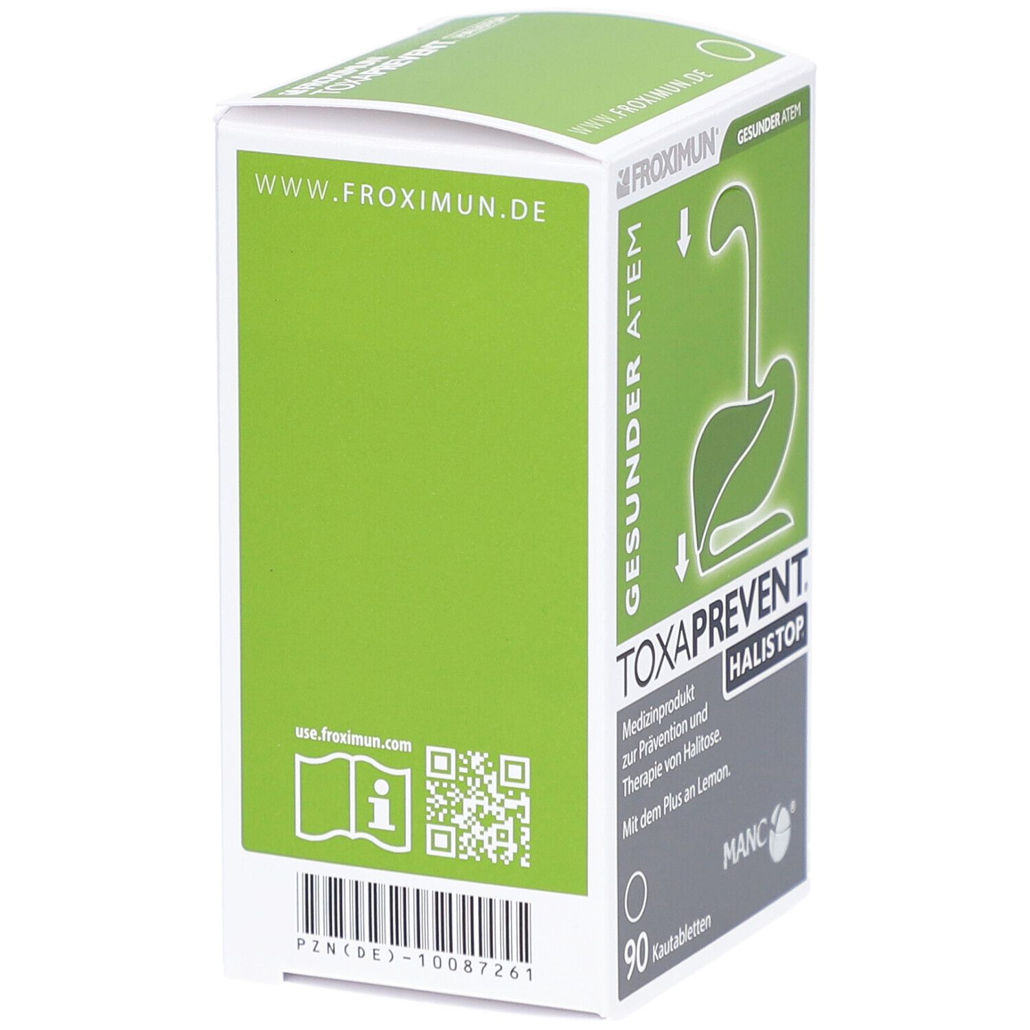 Dos de l'emballage. Design vert et blanc. Texte : www.froximun.de, code QR, 90 comprimés à croquer. Code PZN.