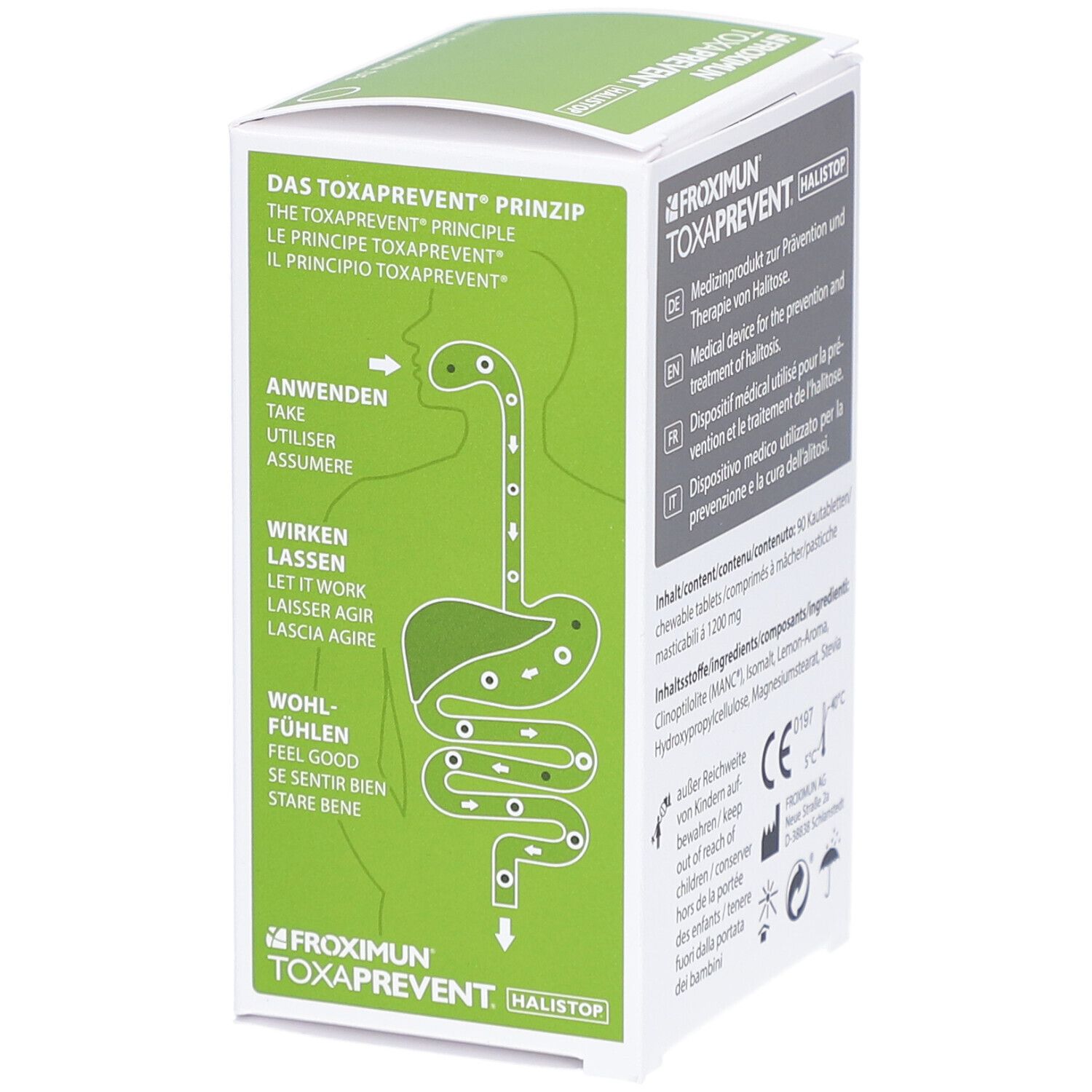 Emballage avec schéma du principe actif. Texte : Le principe Toxaprevent. Utilisation, effet, bien-être.