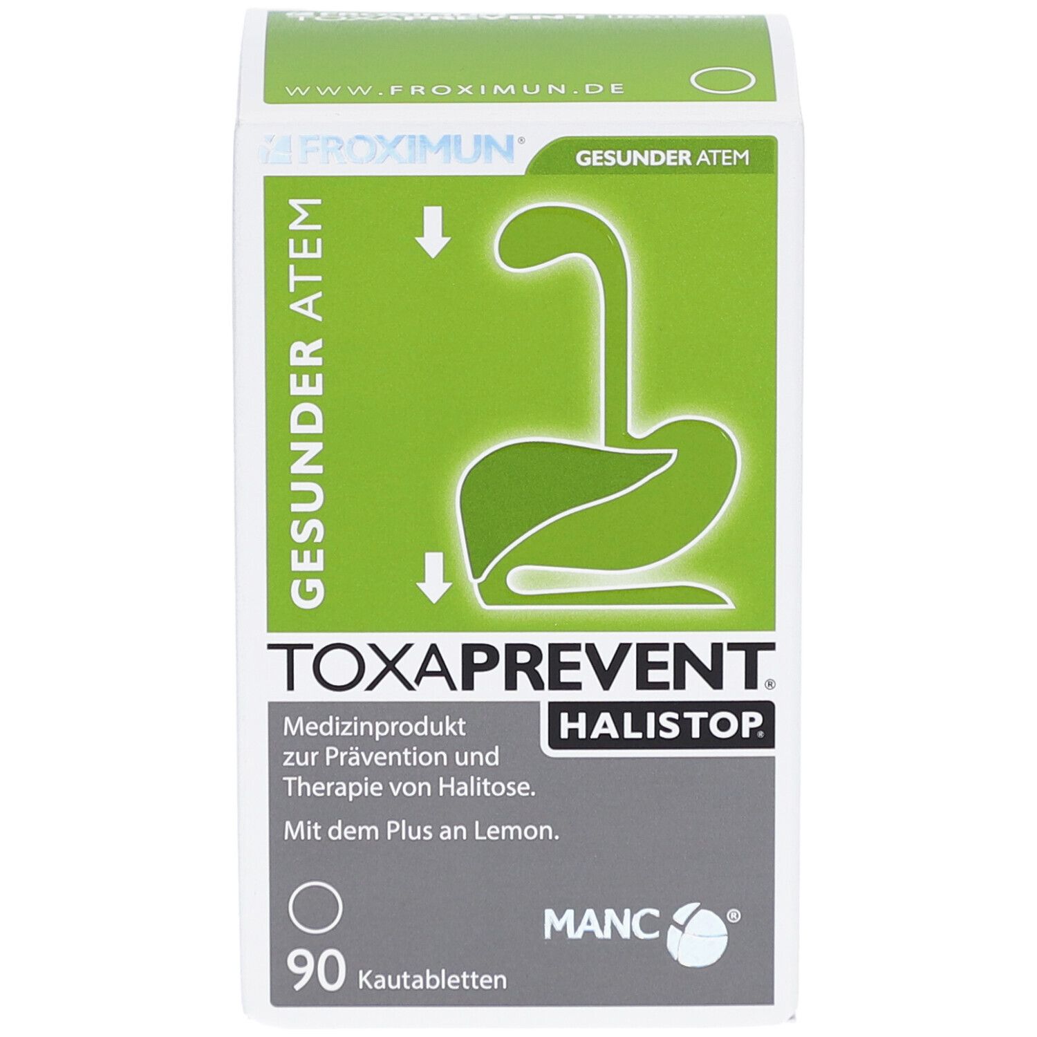 Boîte Froximun Toxaprevent Halistop. Design vert et blanc. 90 comprimés à croquer. Texte : Respiration saine.