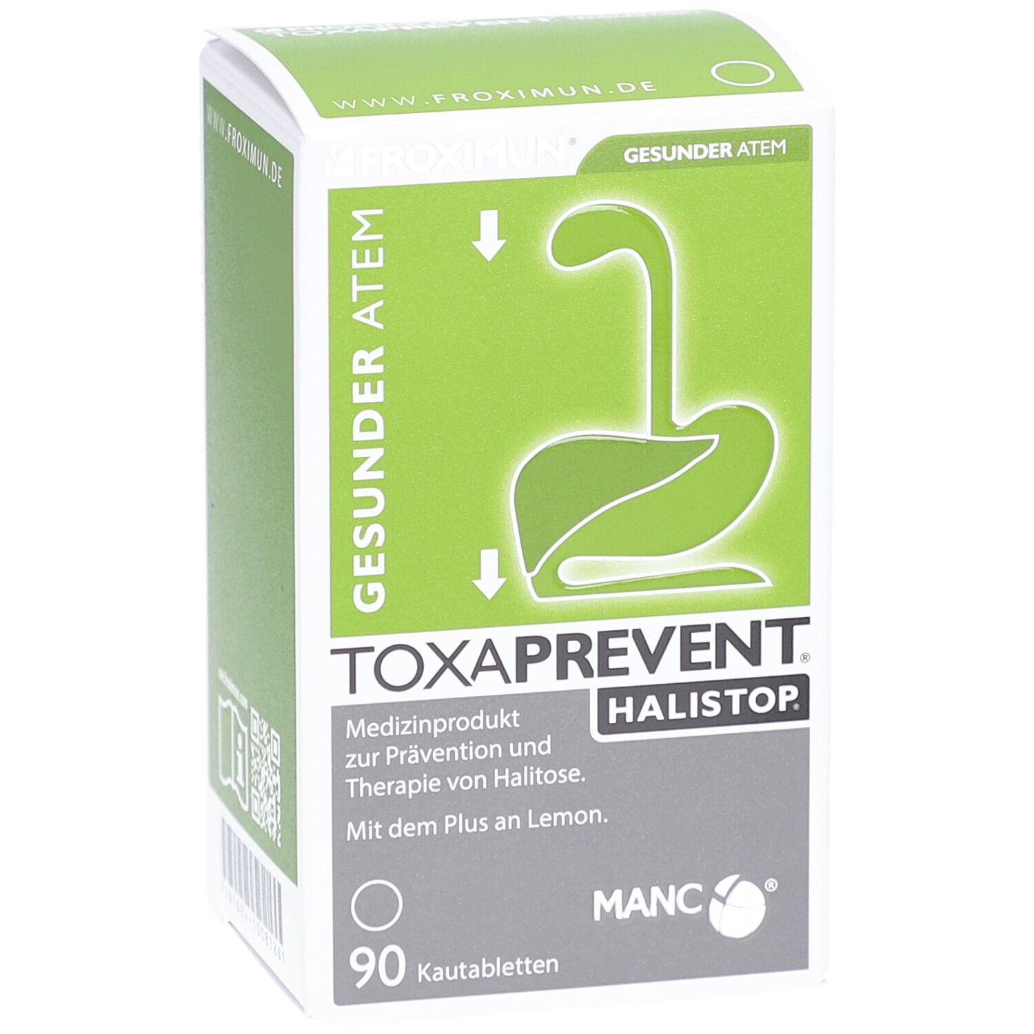 Boîte Froximun Toxaprevent Halistop. Design vert et blanc. 90 comprimés à croquer. Texte : Respiration saine.