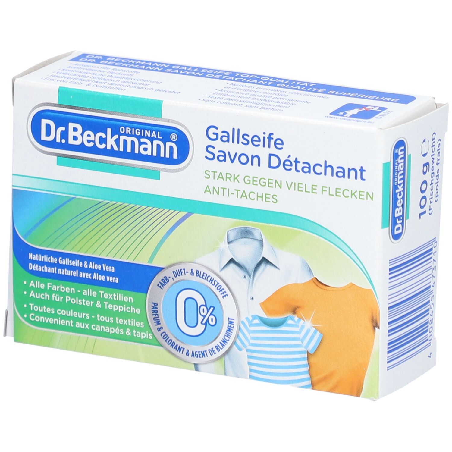 Boîte de savon détachant. Inscriptions: Dr. Beckmann, Gallseife, Savon Détachant, 100g. Illustration de trois vêtements.