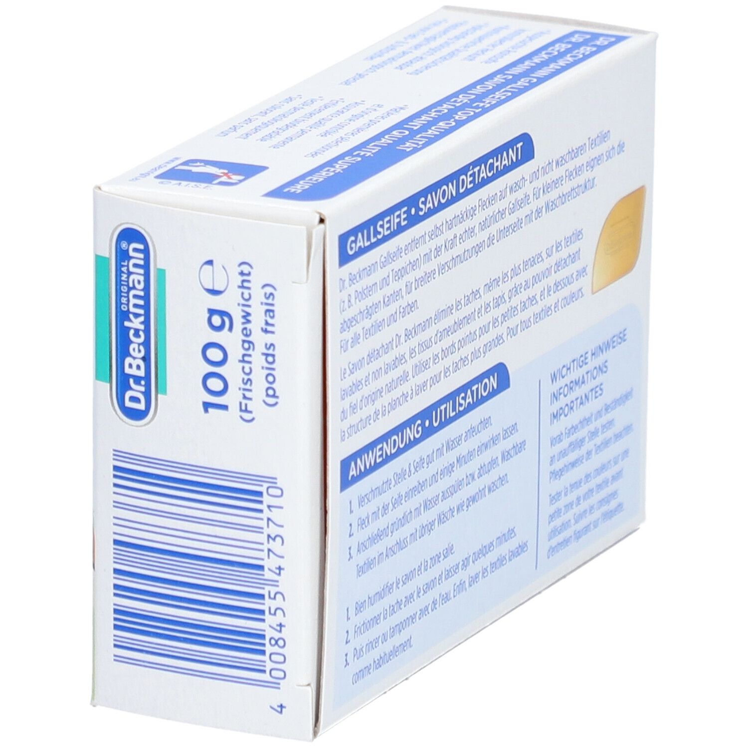 Boîte de savon détachant. Inscriptions: Dr. Beckmann, Gallseife, Savon Détachant, 100g. Vue arrière avec code-barres.
