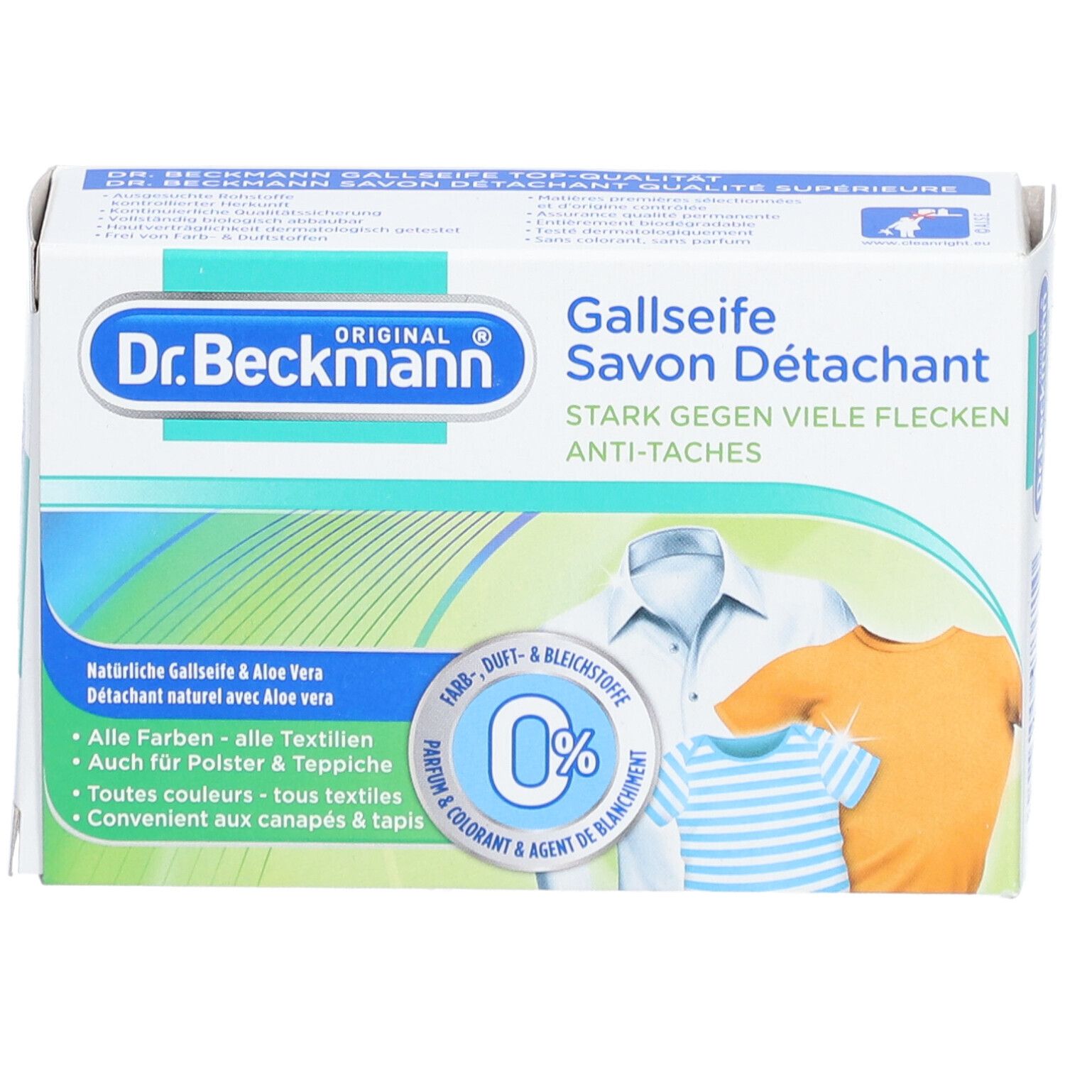 Boîte de savon détachant. Inscriptions: Dr. Beckmann, Gallseife, Savon Détachant, 100g. Illustration de trois vêtements.