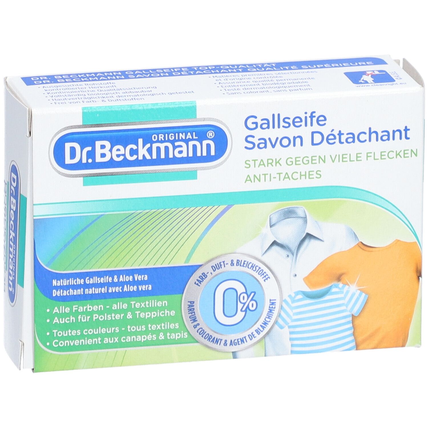 Boîte de savon détachant. Inscriptions: Dr. Beckmann, Gallseife, Savon Détachant, 100g. Illustration de trois vêtements.