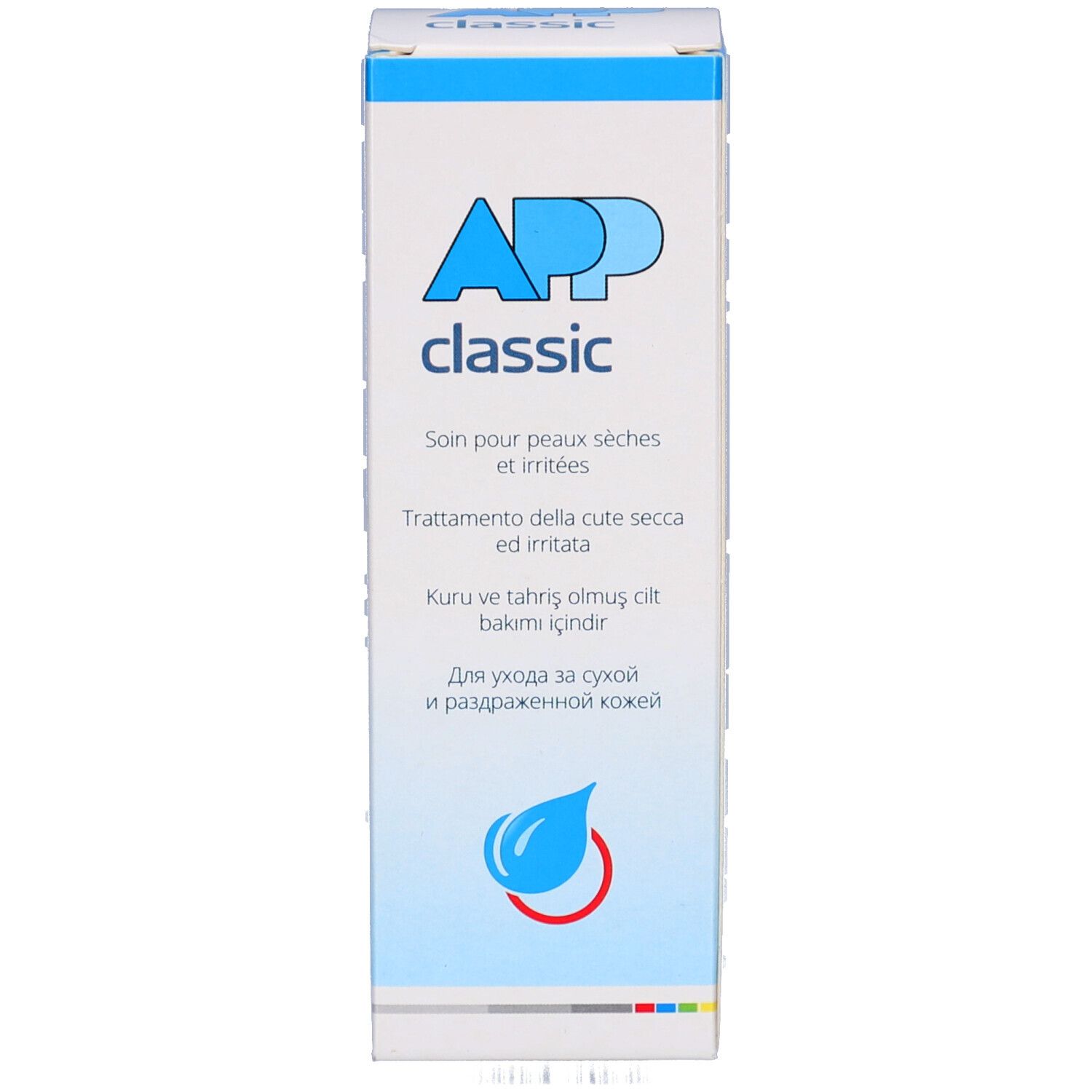 Emballage en carton. Inscription: APP classic. Texte multilingue. Logo goutte.