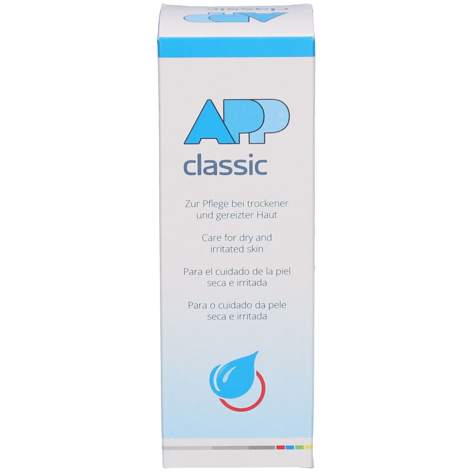 Face avant de l'emballage en carton. Inscription: APP classic. Texte multilingue. Logo goutte.