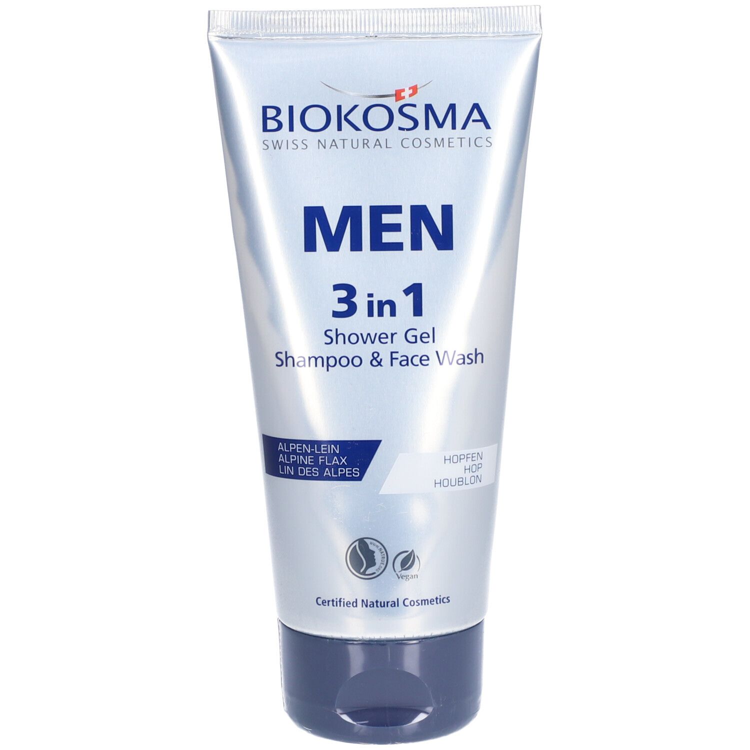 Tube argentée avec bouchon bleu. Inscription: BIOKOSMA MEN 3 en 1 Shampooing & Nettoyant Visage. Vegan. Cosmétiques naturels certifiés.