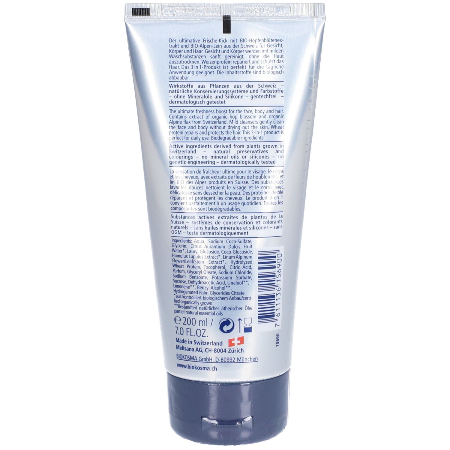 Dos du tube. Texte en allemand et anglais. Ingrédients et informations du fabricant. Bouchon bleu. 7.0 FL.OZ.