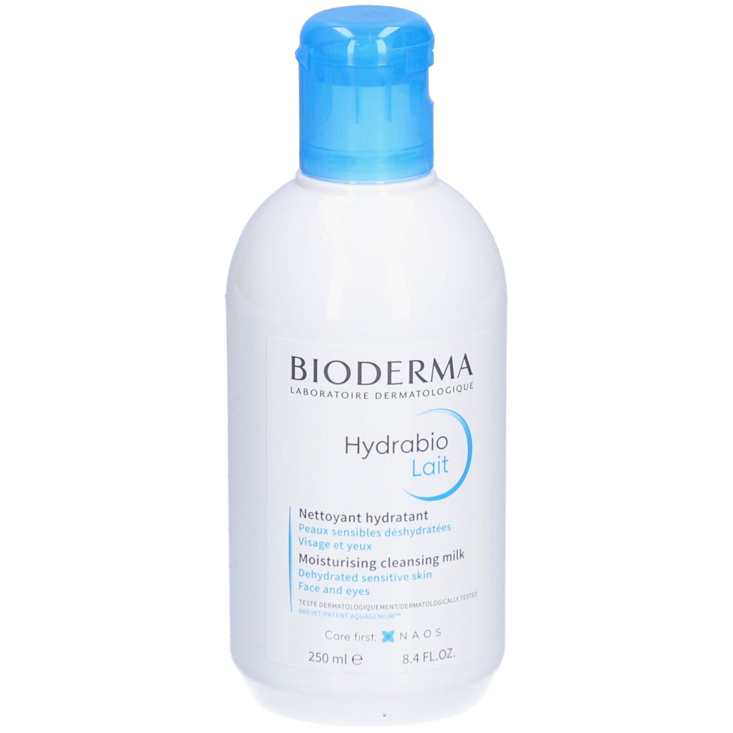 Flacon blanc avec bouchon bleu. BIODERMA Hydrabio Lait. Inscription : Nettoyant hydratant, Moisturising cleansing milk. 250 ml.