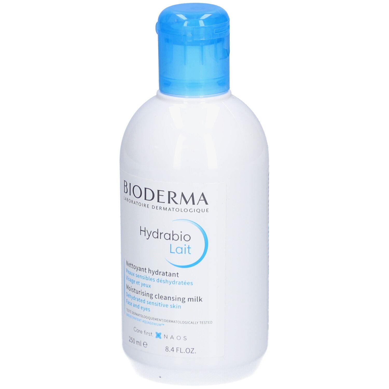 Flacon blanc avec bouchon bleu. BIODERMA Hydrabio Lait. Inscription : Nettoyant hydratant, Moisturising cleansing milk. 250 ml.