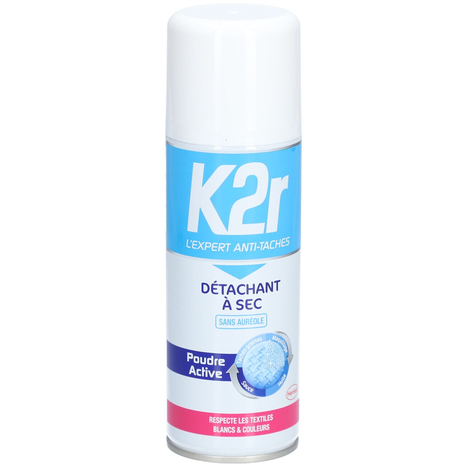 Aérosol blanc avec étiquette bleue et rose. Texte: K2r, Détachant à sec, Poudre Active. Pour textiles blancs et couleurs.
