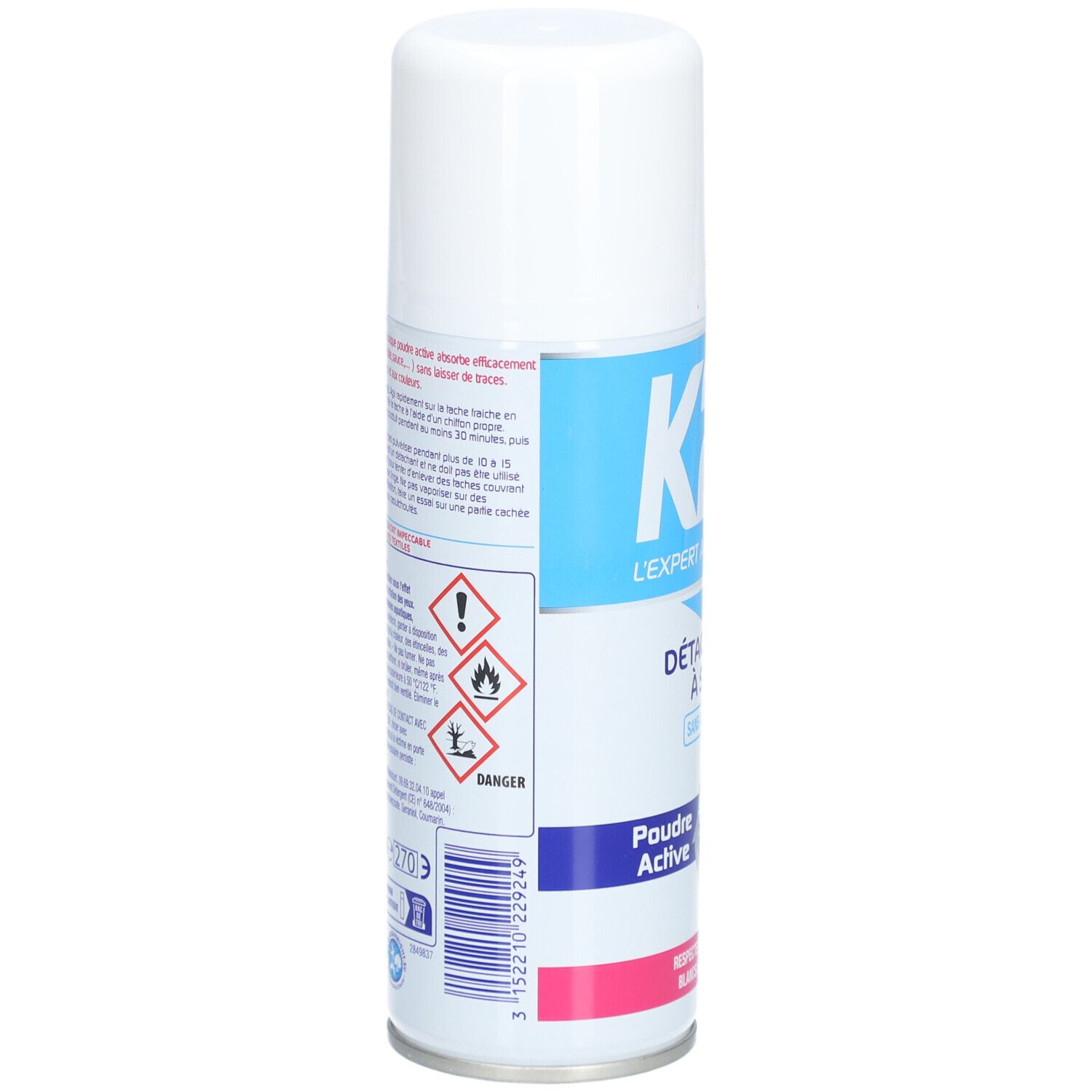 Dos de l'aérosol blanc. Texte: Danger, symboles de danger, et informations. Code-barres: 3152210229944.