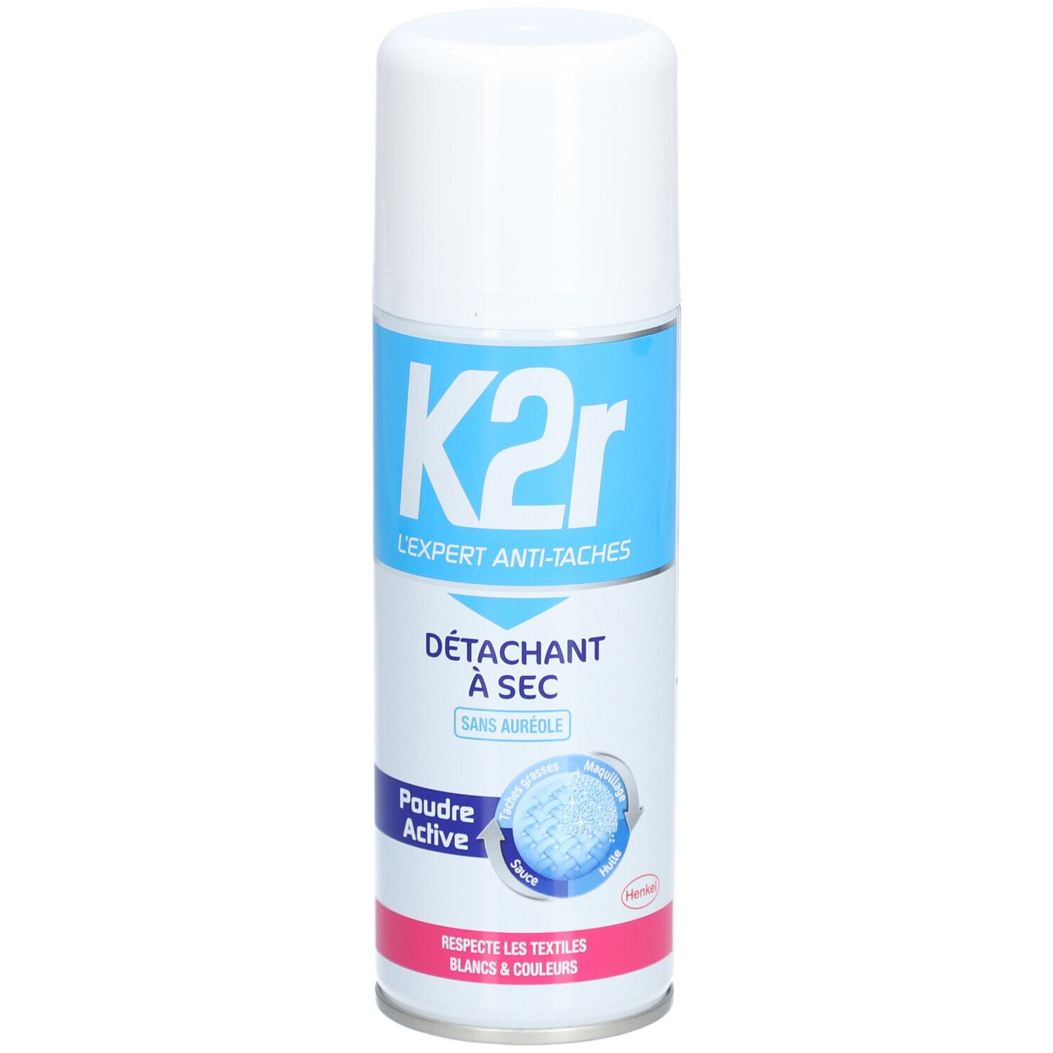 Aérosol blanc avec étiquette bleue et rose. Texte: K2r, Détachant à sec, Poudre Active. Pour textiles blancs et couleurs.