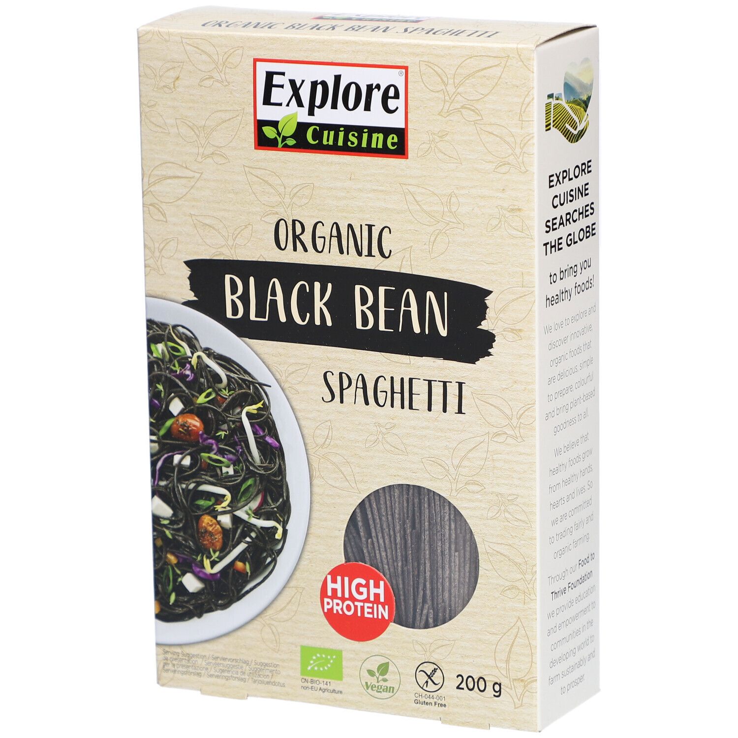 Boîte de Explore Cuisine Spaghetti aux haricots noirs. Texte: Organic Black Bean Spaghetti, High Protein, EU Bio.