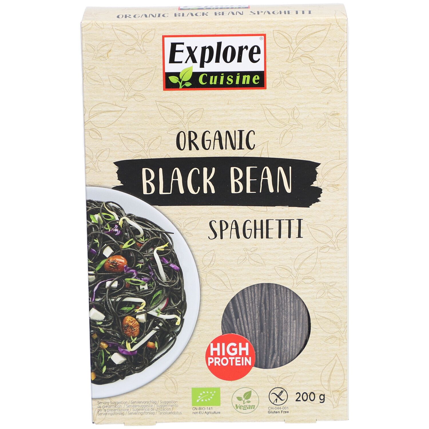 Boîte de Explore Cuisine Spaghetti aux haricots noirs. Texte: Organic Black Bean Spaghetti, High Protein, EU Bio.