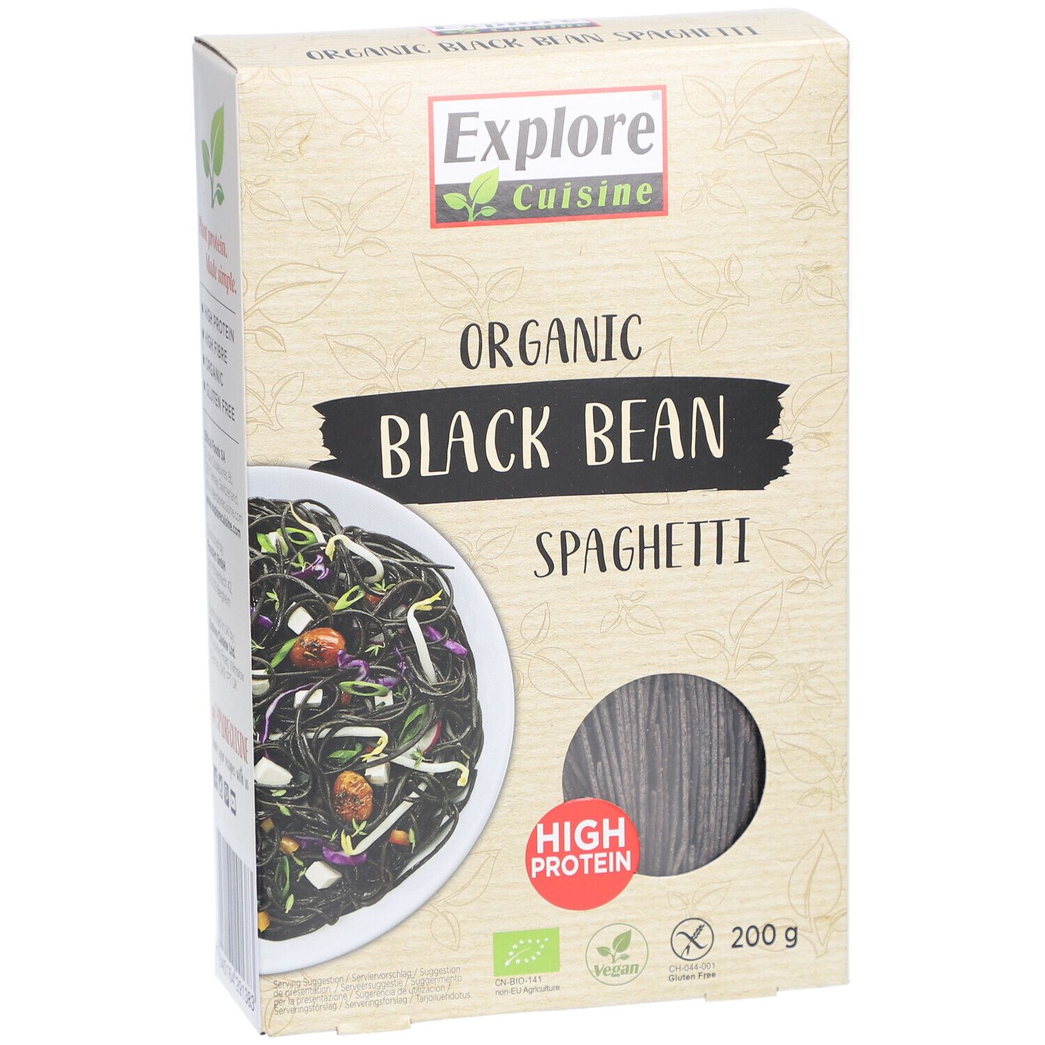 Boîte de Explore Cuisine Spaghetti aux haricots noirs. Texte: Organic Black Bean Spaghetti, High Protein, EU Bio.