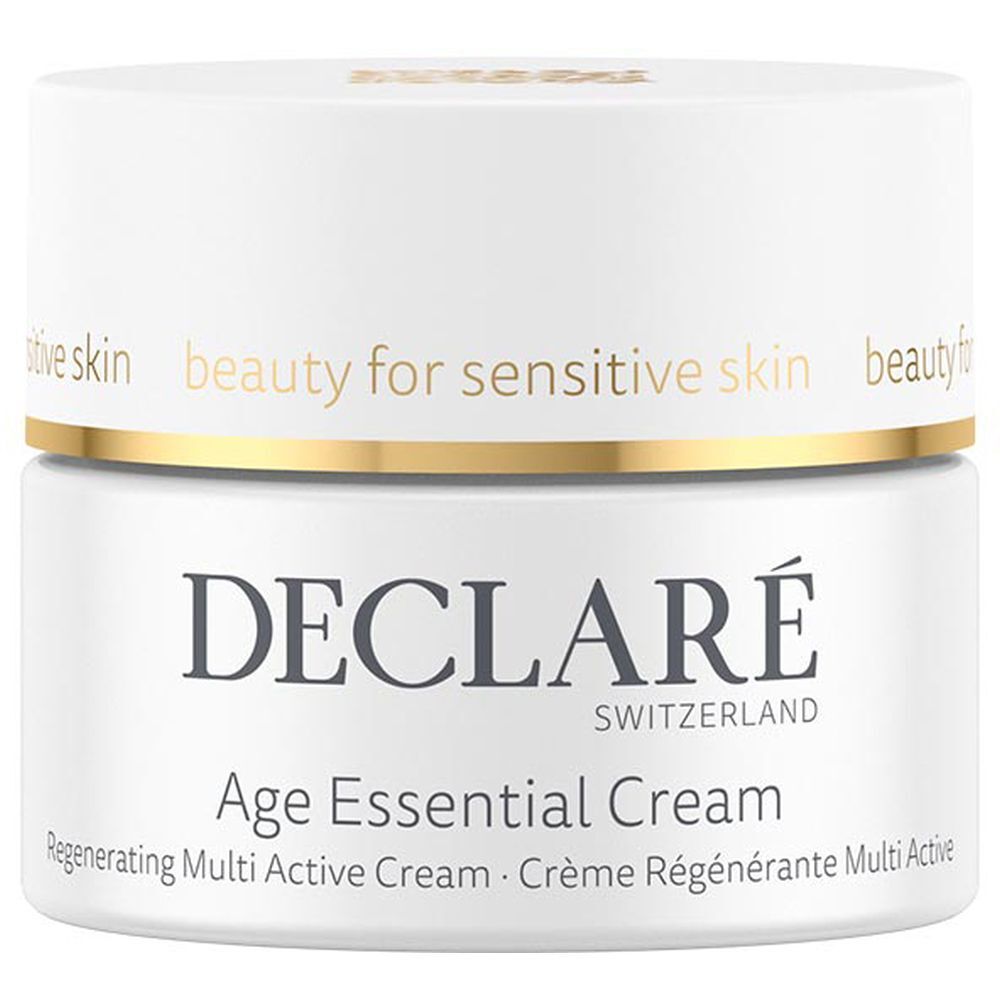 Pot blanc avec bord doré. Logo DECLARÉ et nom du produit Age Essential Cream.