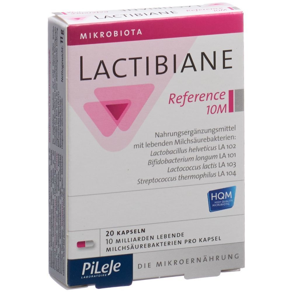 Boîte blanche et rose. Inscription LACTIBIANE Reference 10M. Contient 20 gélules. Marque Pileje.