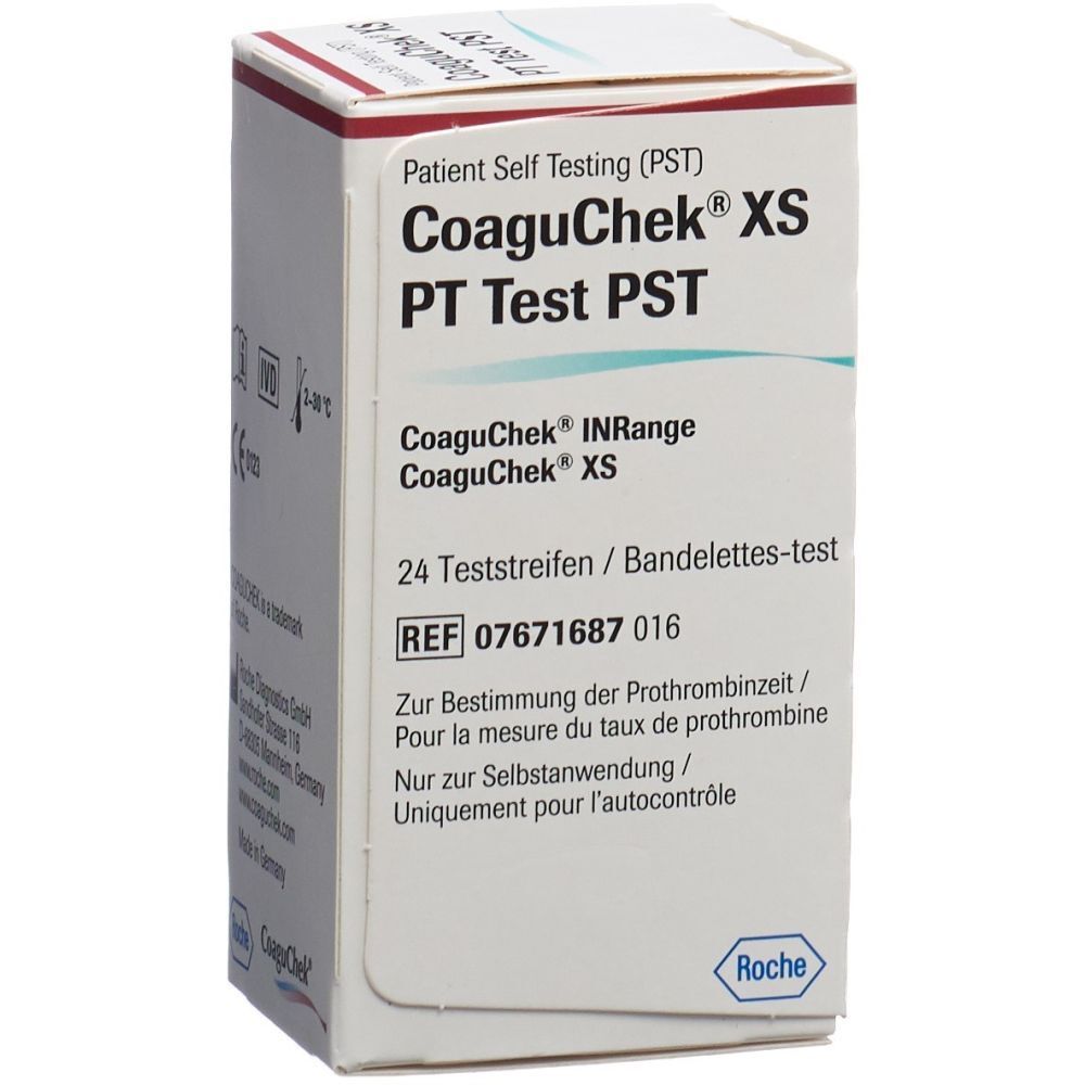 Boîte CoaguChek® XS PT Test PST. Contient 24 bandelettes. Marque Roche.