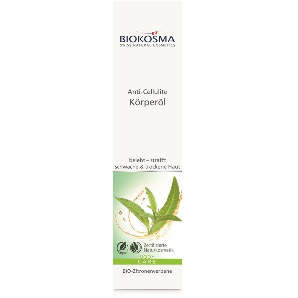 BIOKOSMA Huile Corporelle Anti-Cellulite. Emballage blanc avec nom et logo du produit. Illustration verte et blanche avec des feuilles.