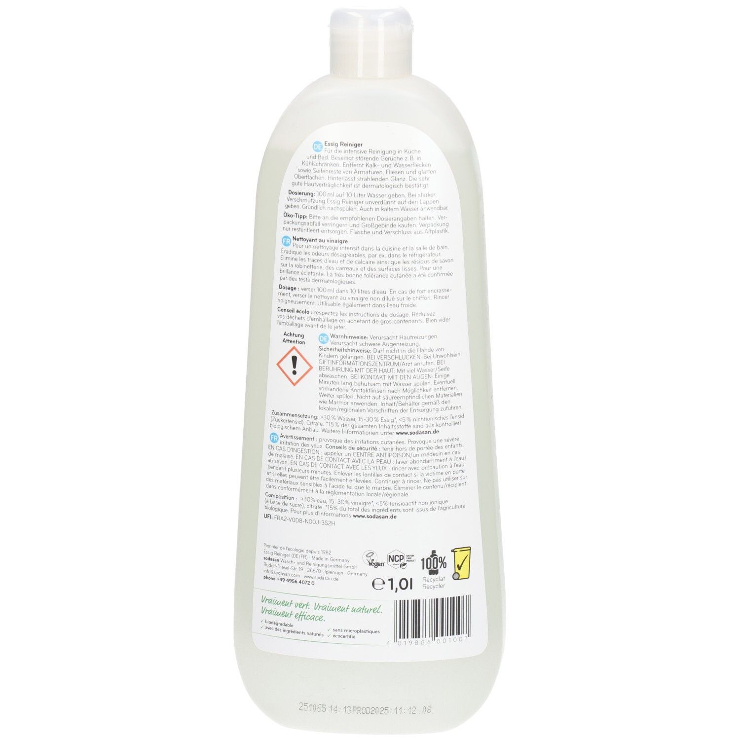 Arrière d'une bouteille de nettoyant au vinaigre Sodasan avec informations détaillées sur le produit et code-barres.