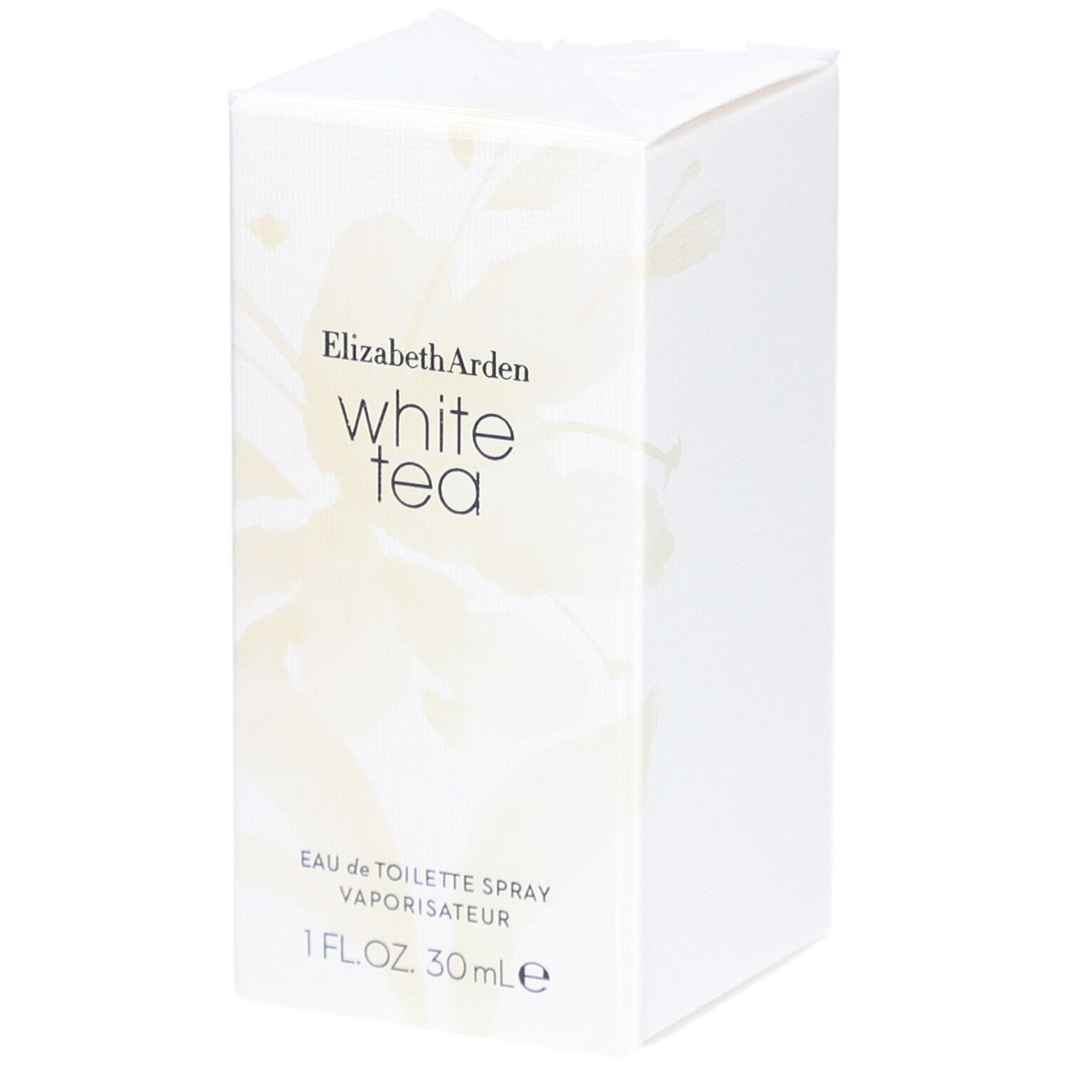 Boîte blanche rectangulaire avec motif floral. Elizabeth Arden White Tea, Eau de Toilette Spray, 30ml.