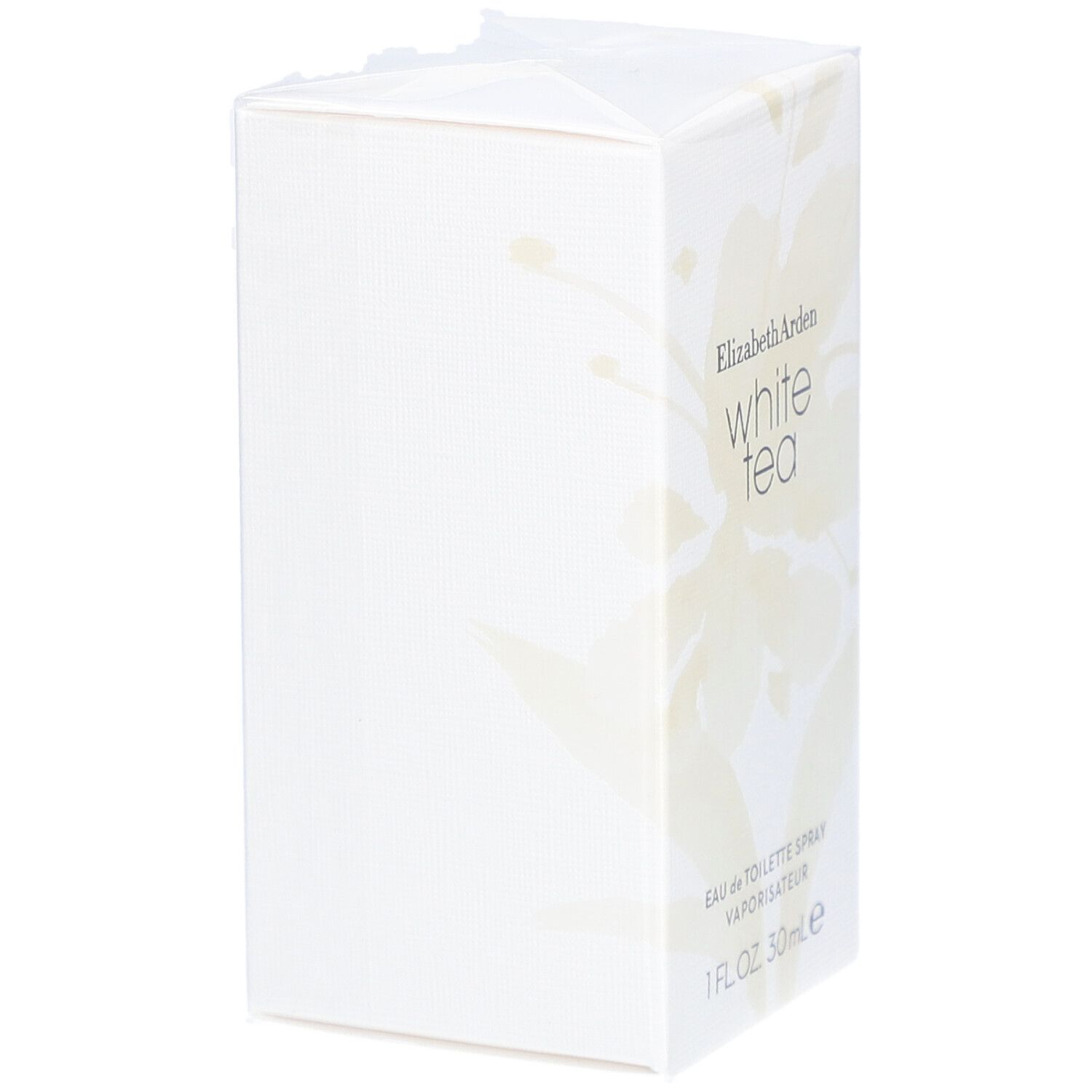 Boîte blanche rectangulaire avec motif floral. Elizabeth Arden White Tea, Eau de Toilette Spray, 30ml.