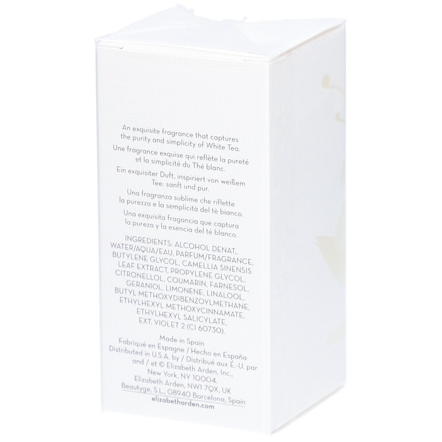 Dos de la boîte blanche avec texte. Ingrédients, informations fabricant et texte sur le parfum.