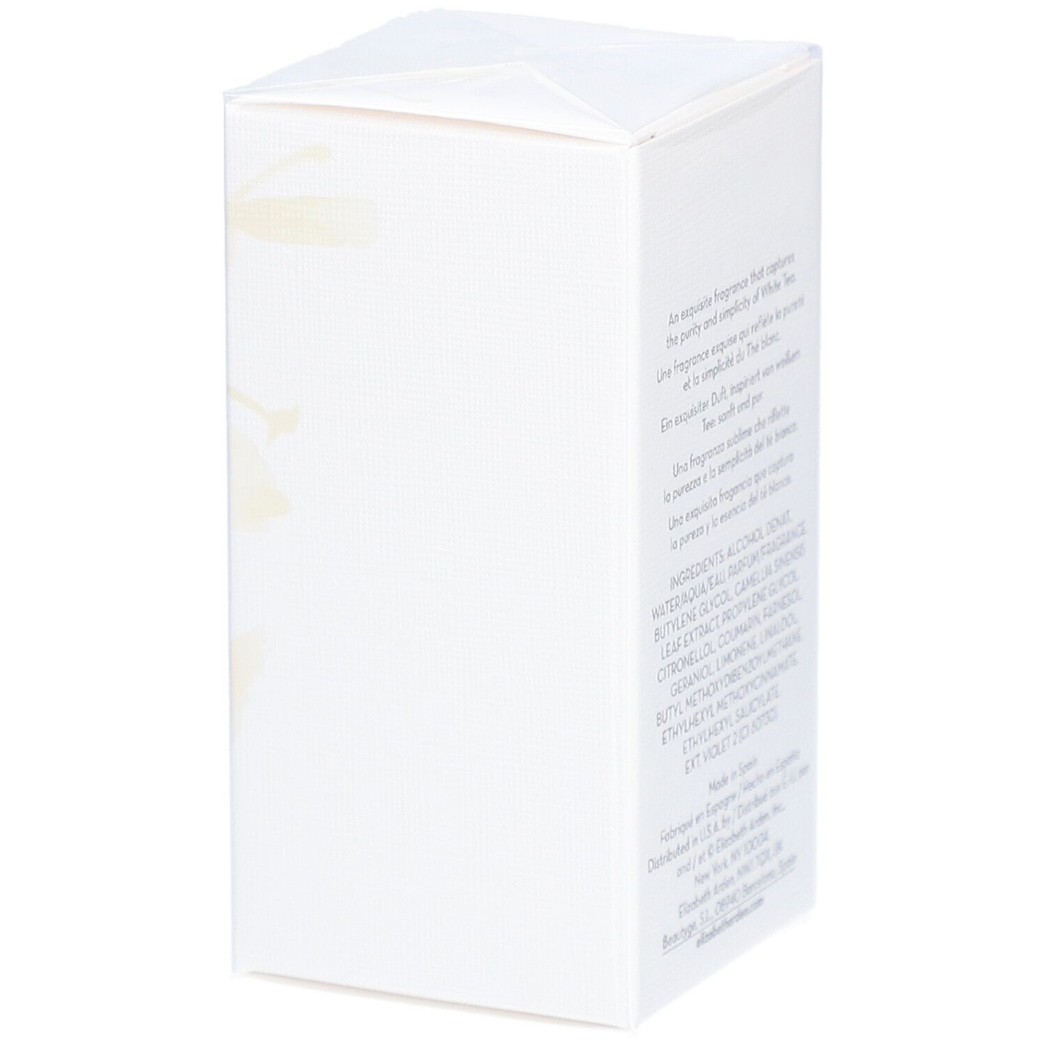 Dos de la boîte blanche avec texte. Ingrédients, informations fabricant et texte sur le parfum.