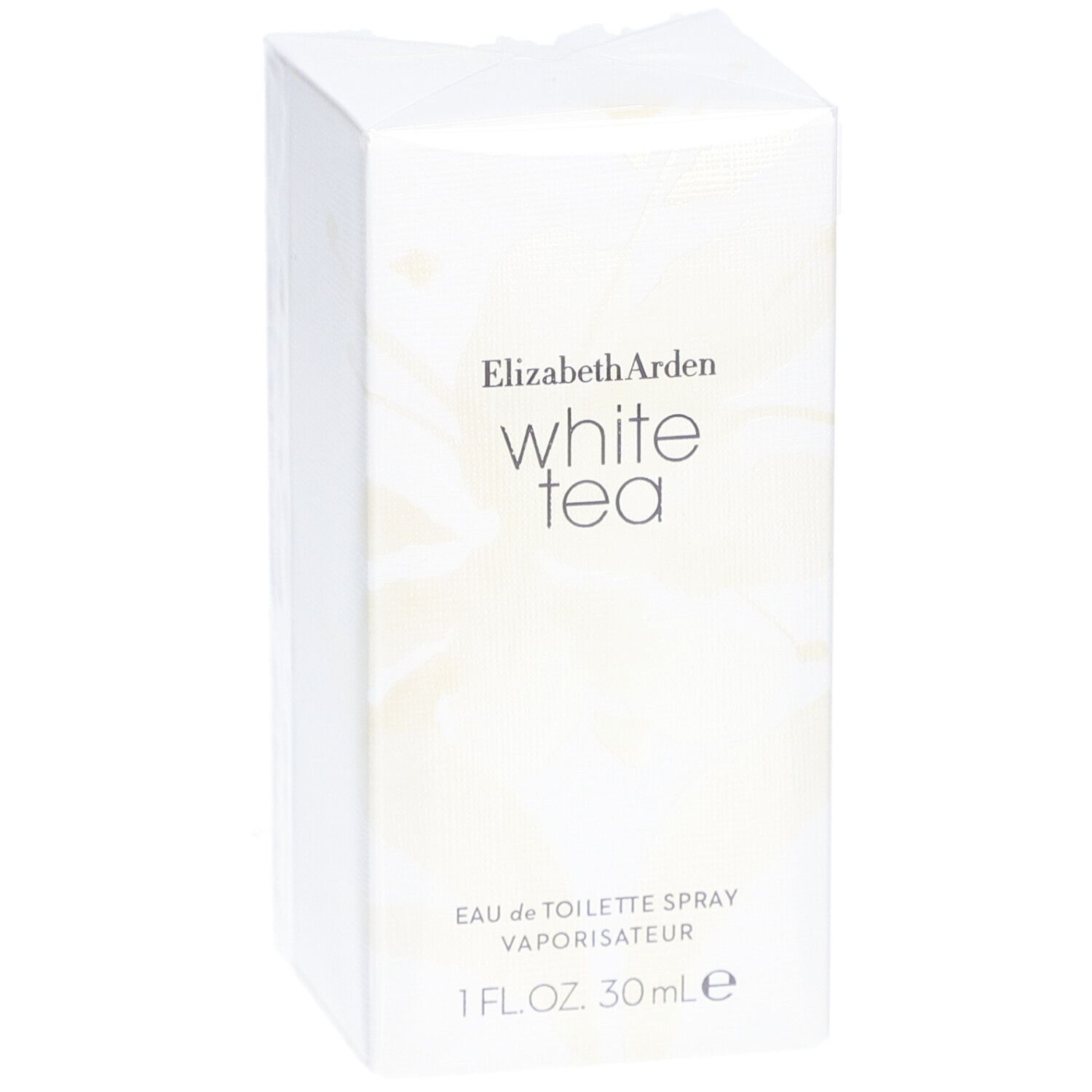 Boîte blanche rectangulaire avec motif floral. Elizabeth Arden White Tea, Eau de Toilette Spray, 30ml.