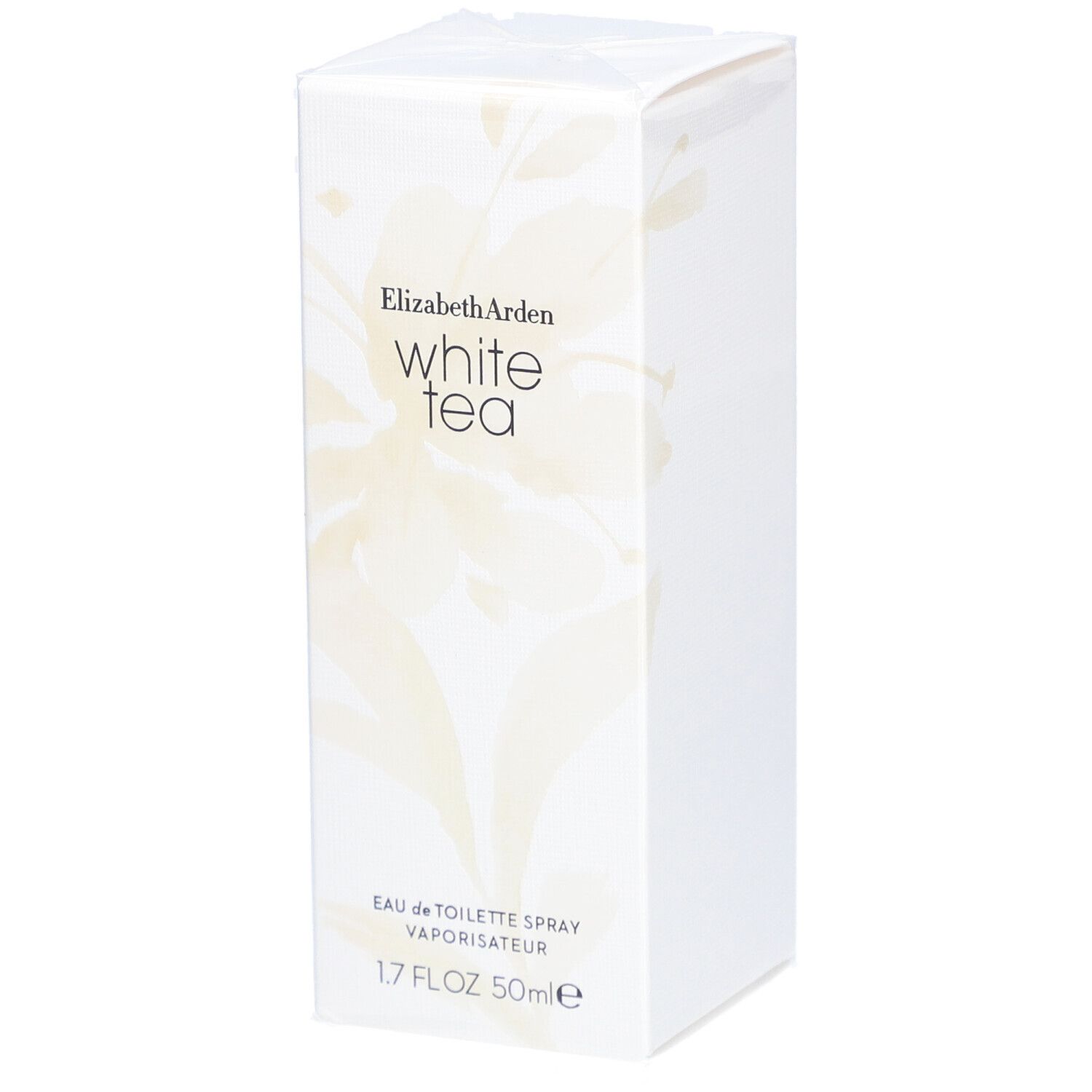 Boîte blanche rectangulaire. Inscription: Elizabeth Arden White Tea. 1.7 FL.OZ 50ml e.