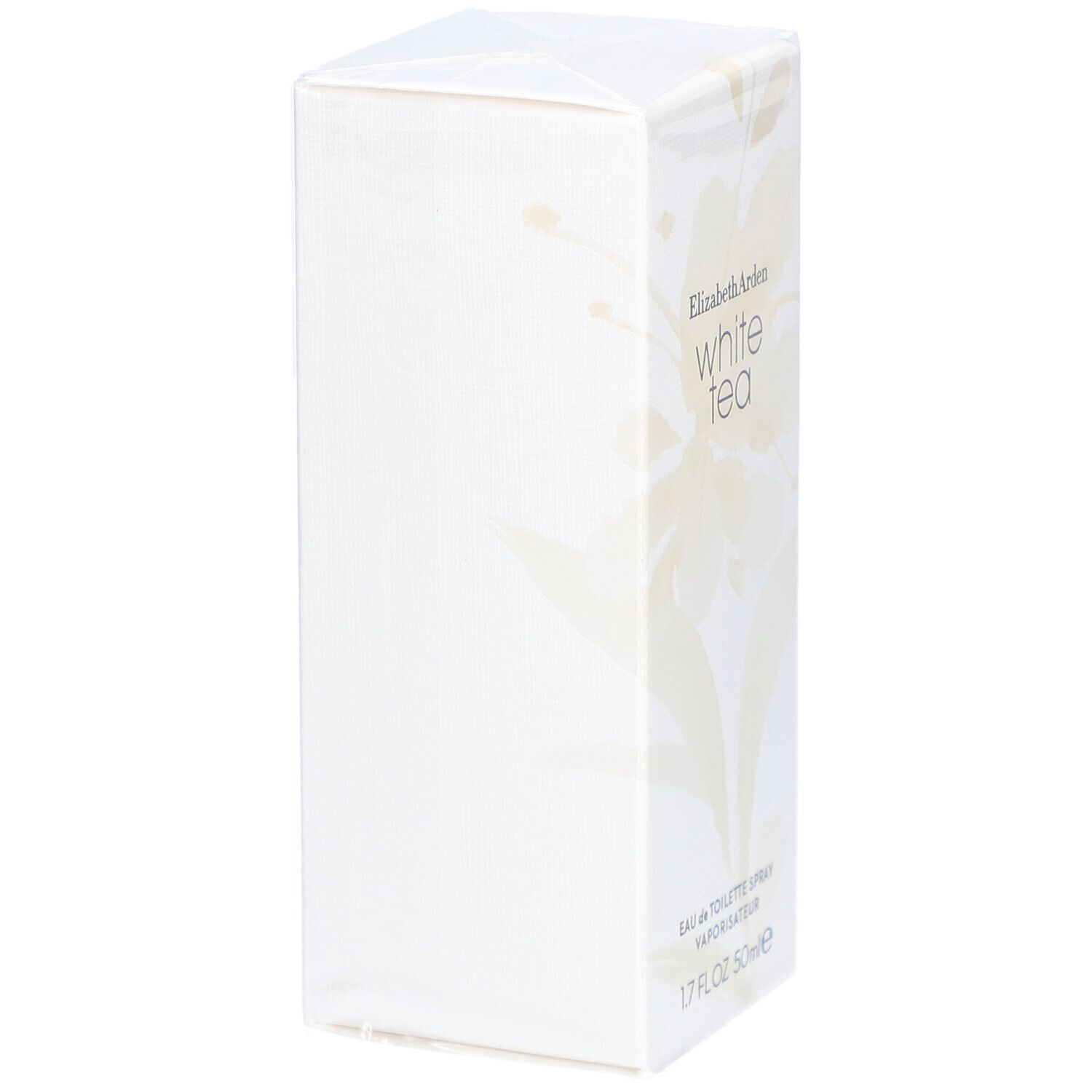Boîte blanche rectangulaire. Inscription: Elizabeth Arden White Tea. 1.7 FL.OZ 50ml e.