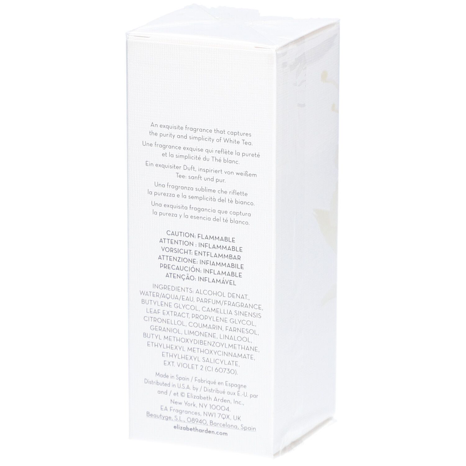 Dos de la boîte blanche. Texte multilingue, ingrédients et avertissements.