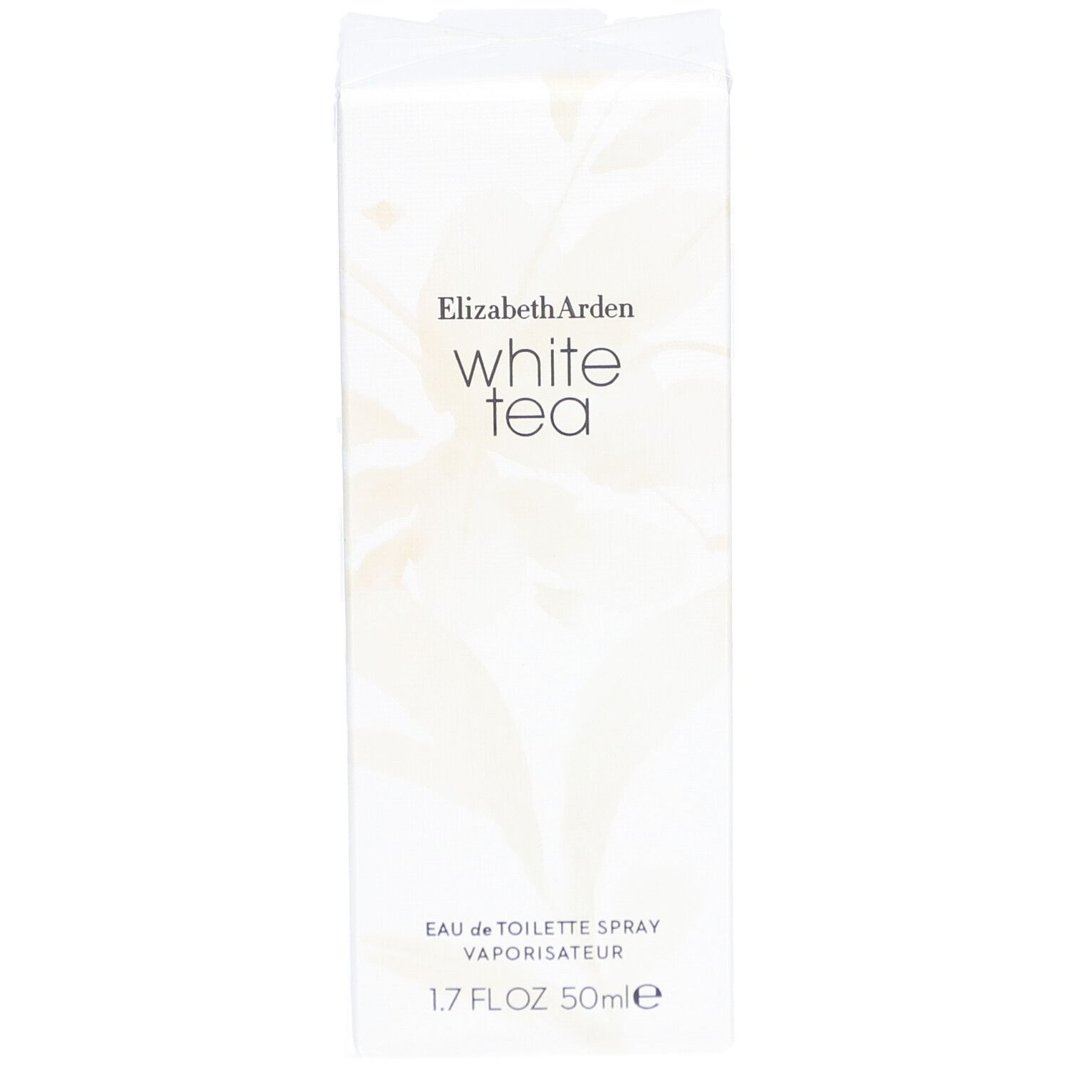 Boîte blanche rectangulaire. Inscription: Elizabeth Arden White Tea. 1.7 FL.OZ 50ml e.