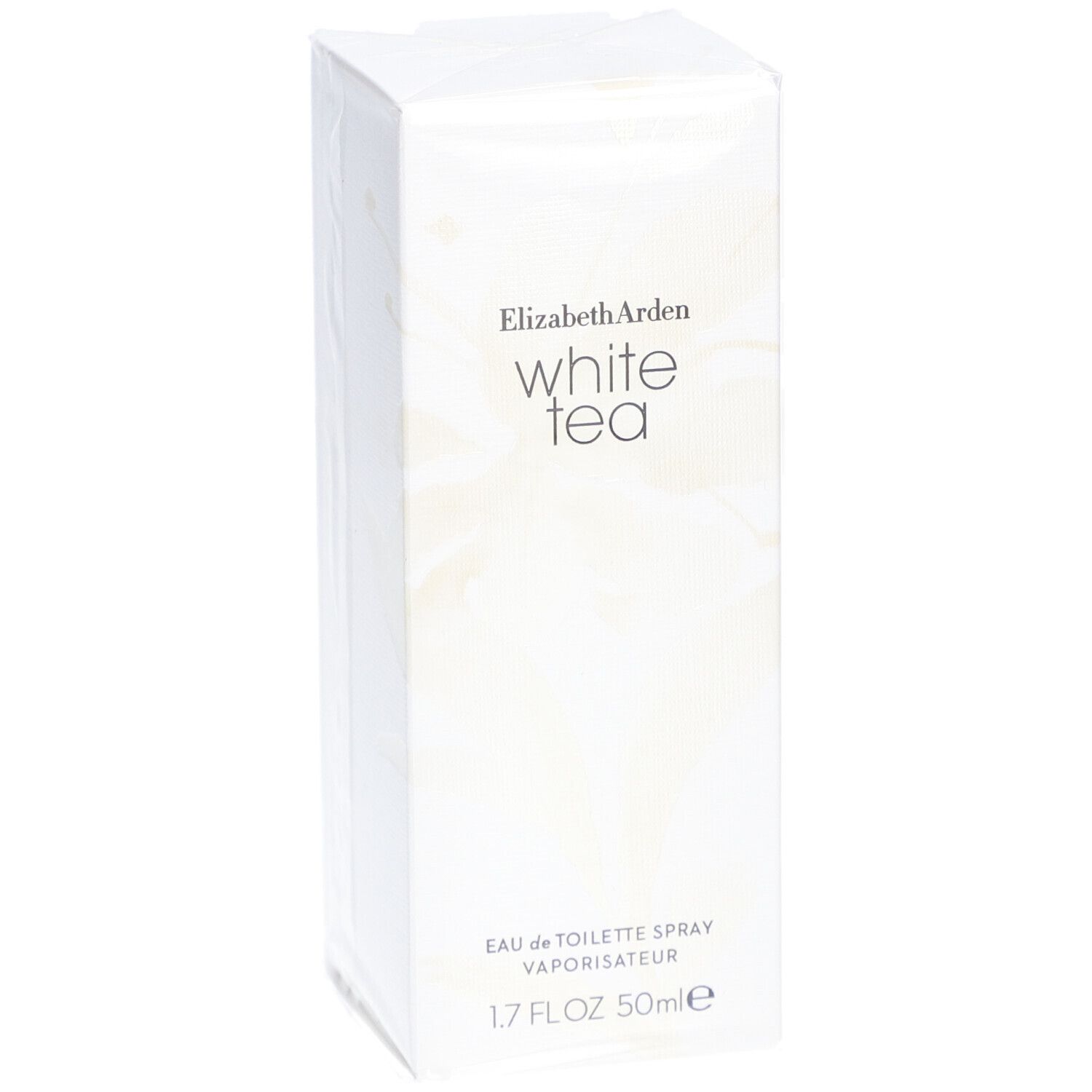 Boîte blanche rectangulaire. Inscription: Elizabeth Arden White Tea. 1.7 FL.OZ 50ml e.